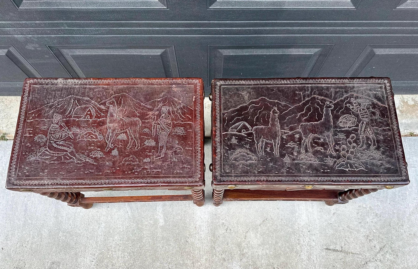 Antique Early 1900s Etched Andean Leather & Mahogany Barley Twist Side Tables - a Pair
