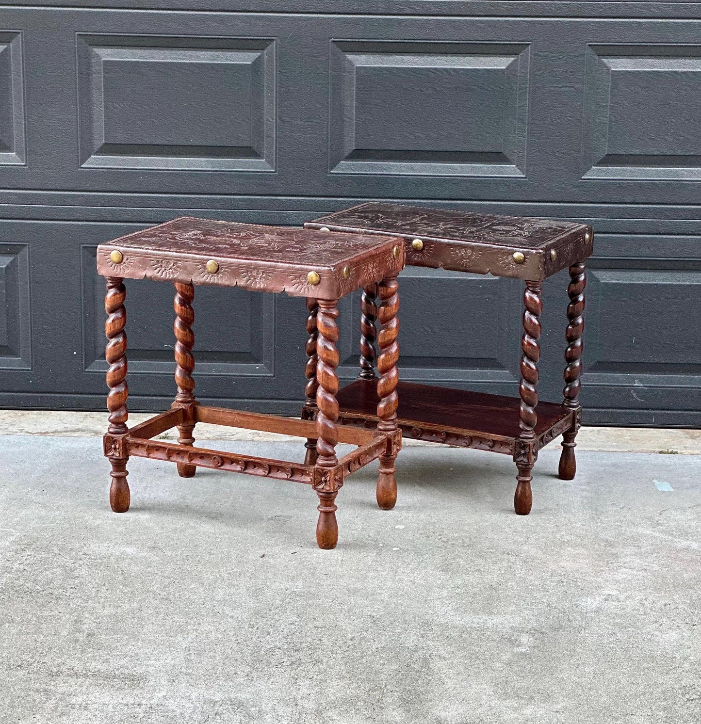 Antique Early 1900s Etched Andean Leather & Mahogany Barley Twist Side Tables - a Pair