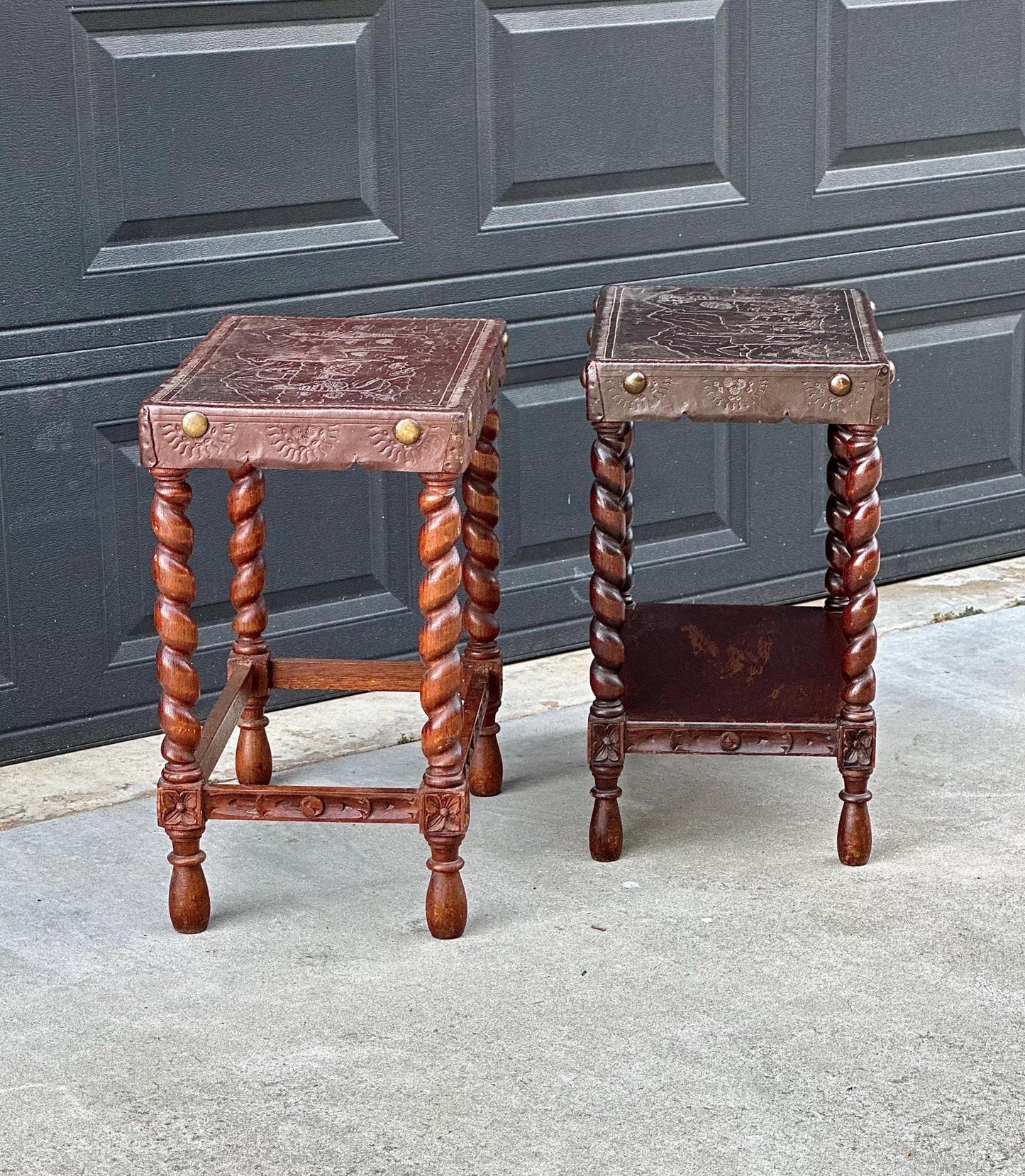 Antique Early 1900s Etched Andean Leather & Mahogany Barley Twist Side Tables - a Pair