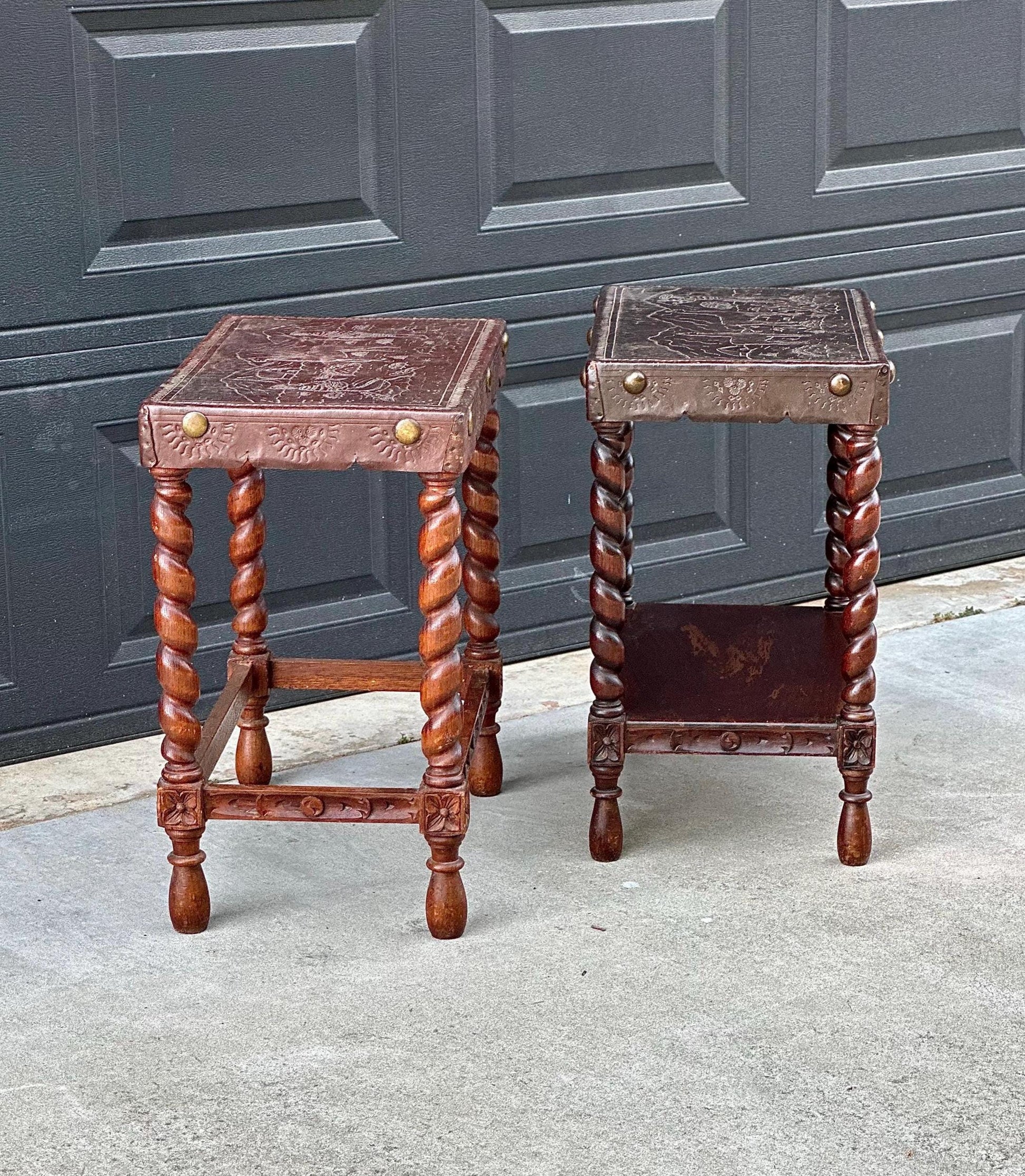 Antique Early 1900s Etched Andean Leather & Mahogany Barley Twist Side Tables - a Pair