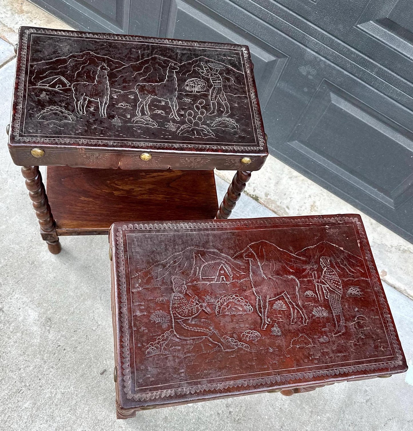 Antique Early 1900s Etched Andean Leather & Mahogany Barley Twist Side Tables - a Pair