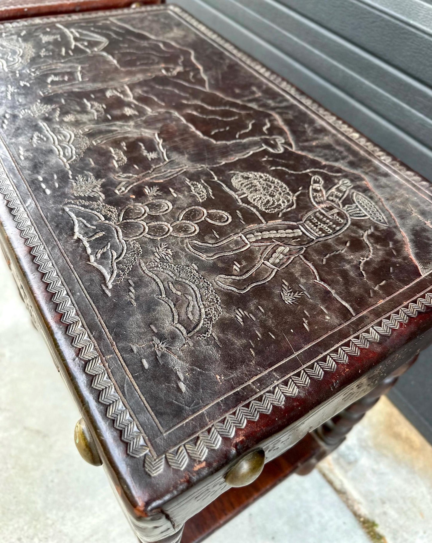 Antique Early 1900s Etched Andean Leather & Mahogany Barley Twist Side Tables - a Pair