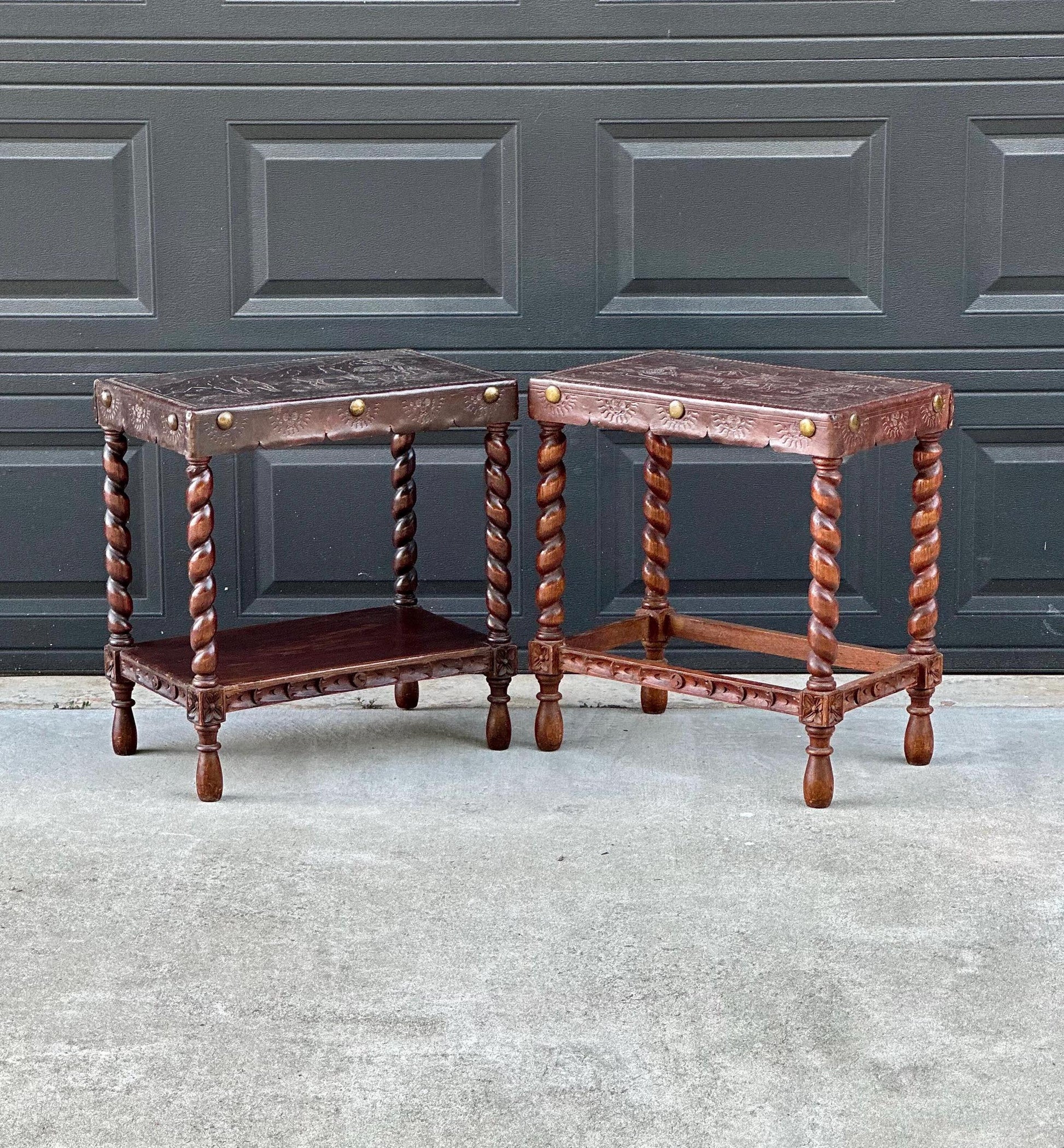Antique Early 1900s Etched Andean Leather & Mahogany Barley Twist Side Tables - a Pair