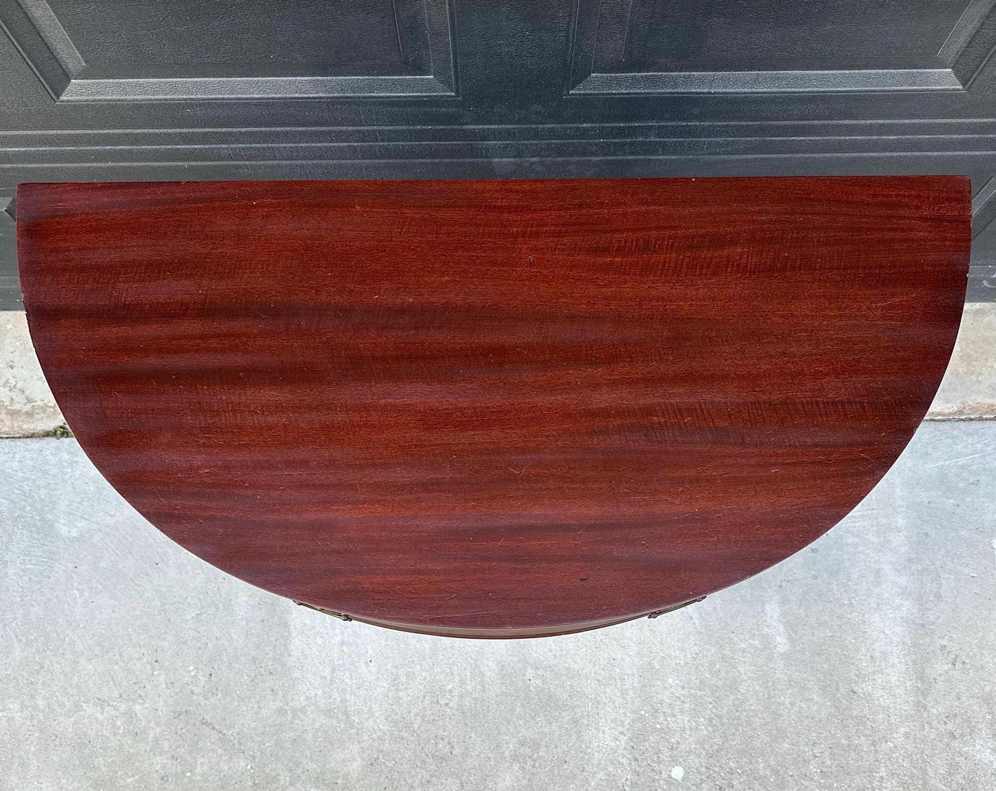 Vintage Early 20th Century Crotch Mahogany Half Round Two Drawer Sheraton Entry Hall Table