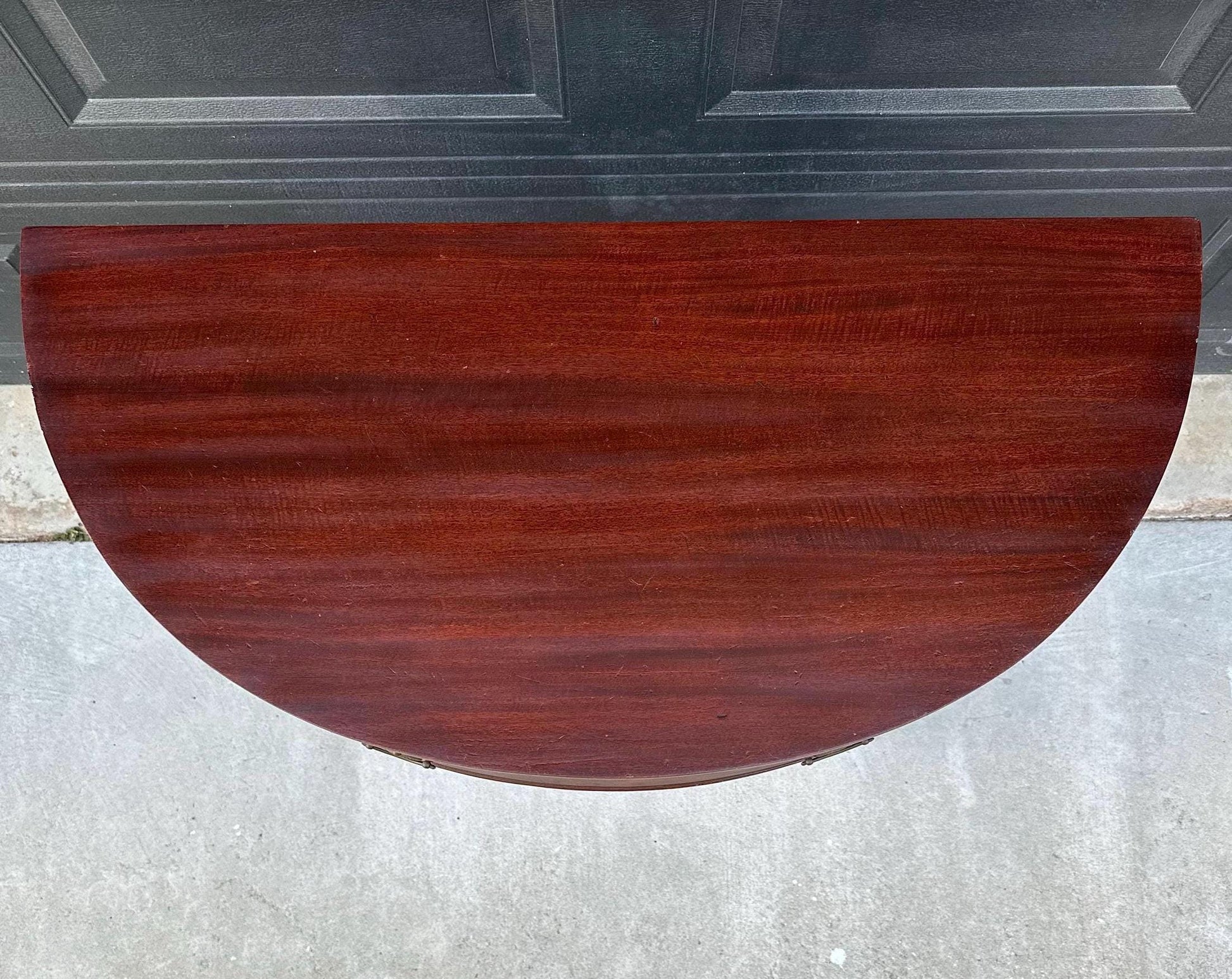 Vintage Early 20th Century Crotch Mahogany Half Round Two Drawer Sheraton Entry Hall Table