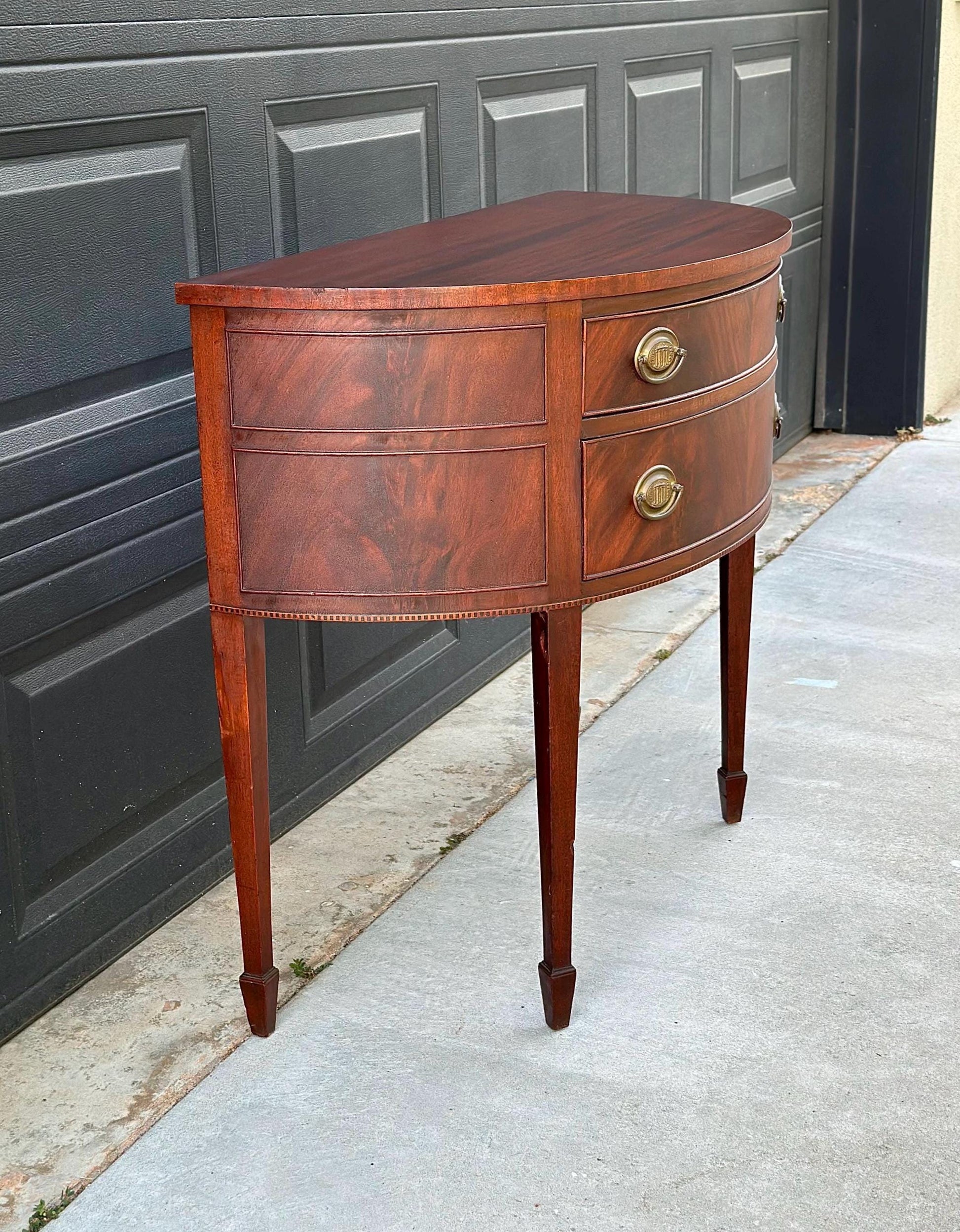 Vintage Early 20th Century Crotch Mahogany Half Round Two Drawer Sheraton Entry Hall Table