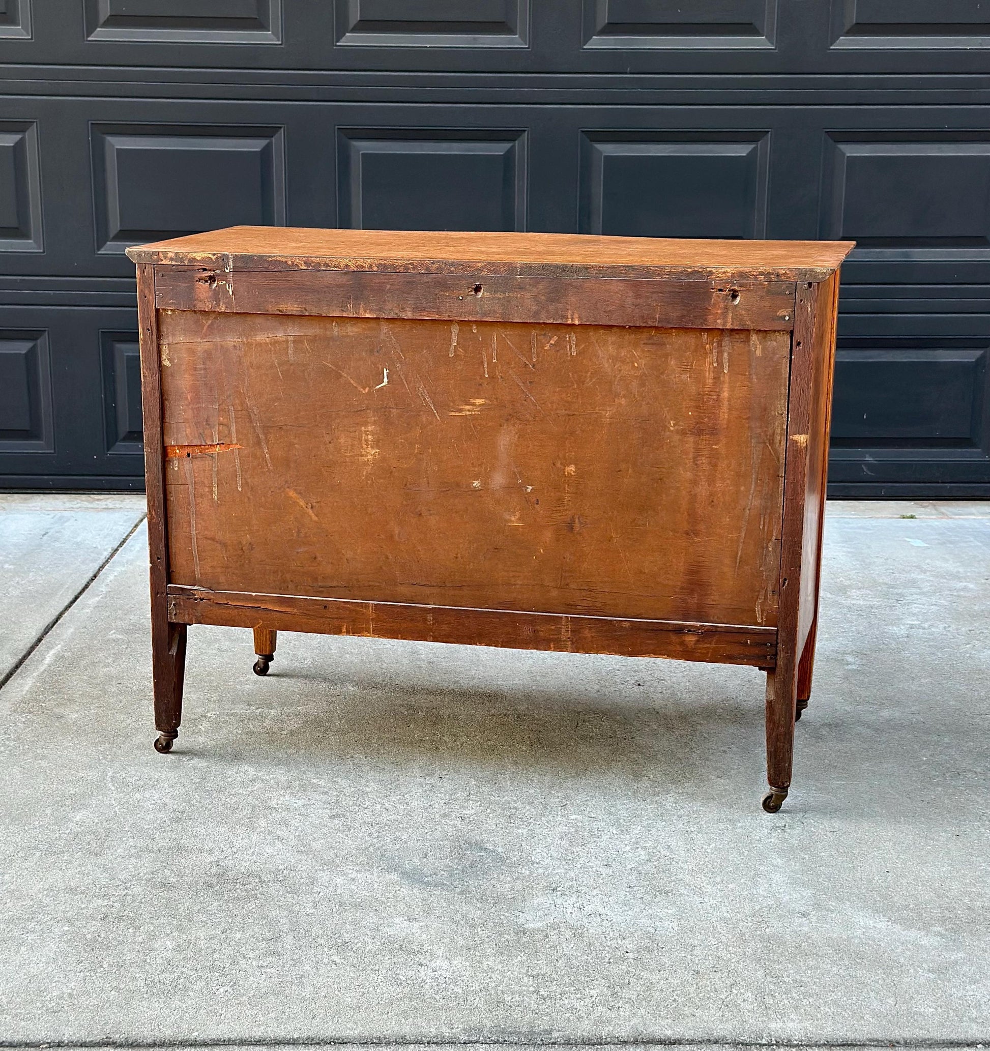 Antique Late 19th C Quarter Sawn Oak Curved Front Four Drawer Chest on Casters
