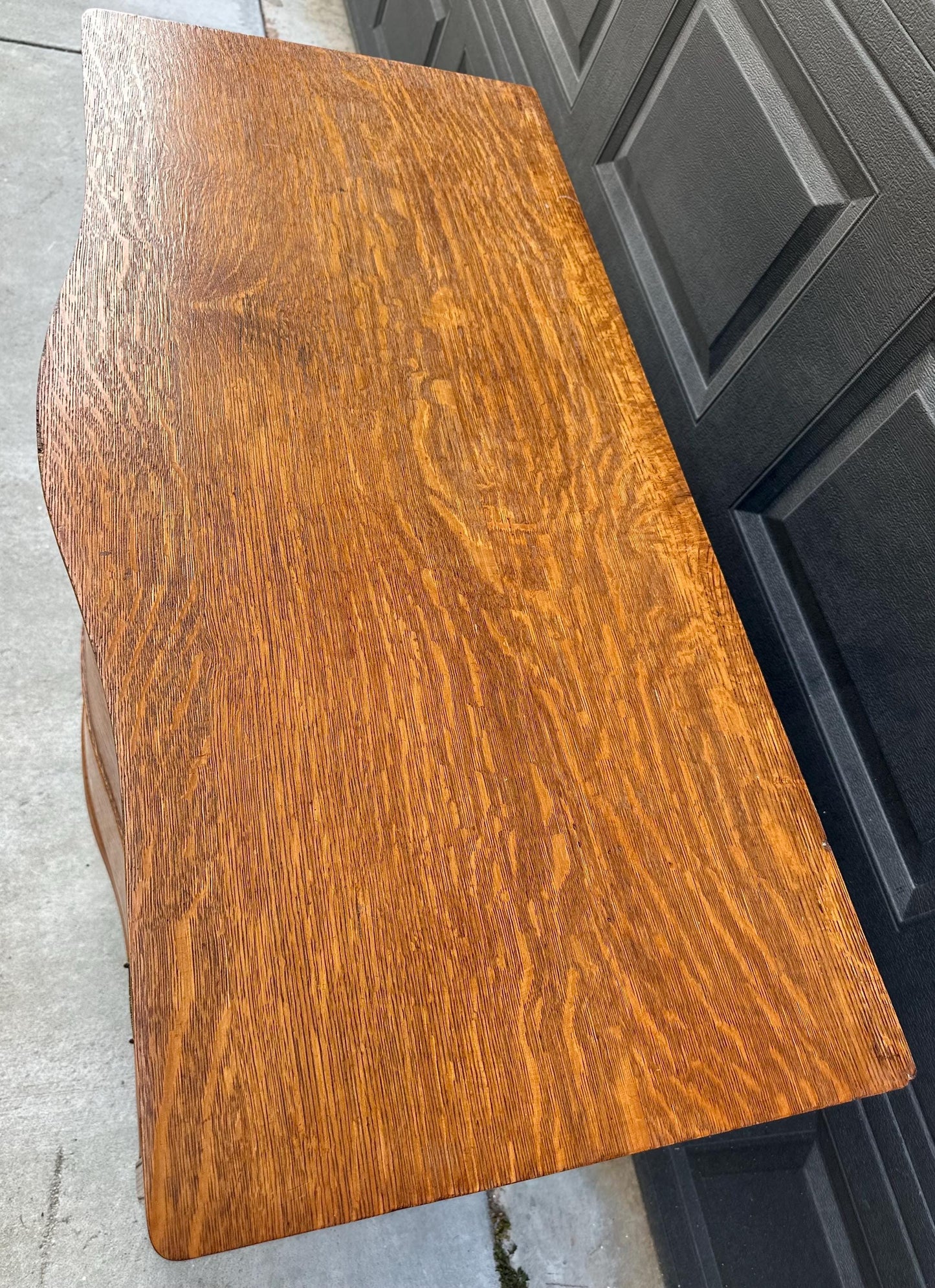 Antique Late 19th C Quarter Sawn Oak Curved Front Four Drawer Chest on Casters