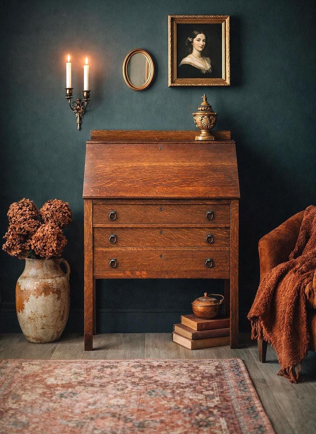 Vintage Early 20th Century Quarter Sawn Oak Drop Front Desk with Drawers - Solid Wood Accent Chest with Ring Pulls