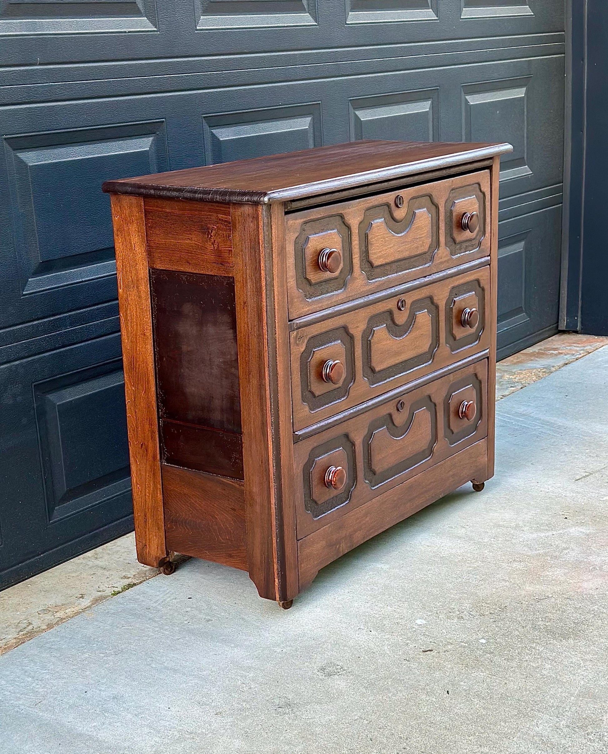Vintage Late 19th Century Solid Wood Carved Walnut Rustic Storage Dresser on Casters