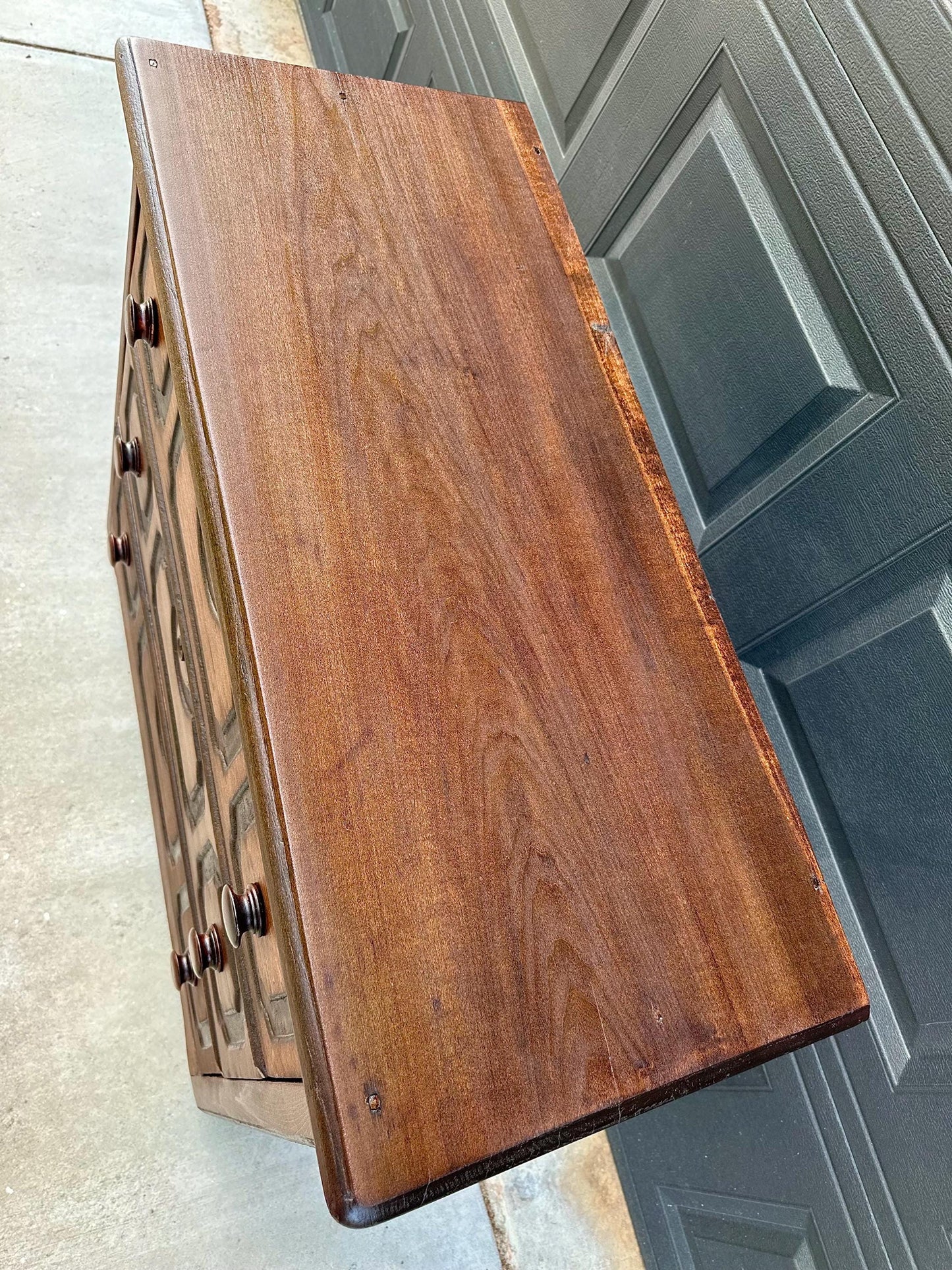 Vintage Late 19th Century Solid Wood Carved Walnut Rustic Storage Dresser on Casters
