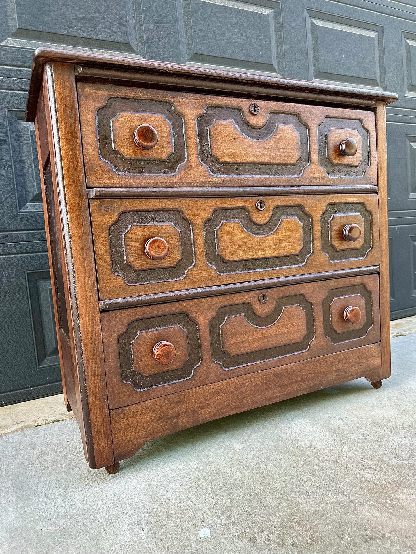 Vintage Late 19th Century Solid Wood Carved Walnut Rustic Storage Dresser on Casters