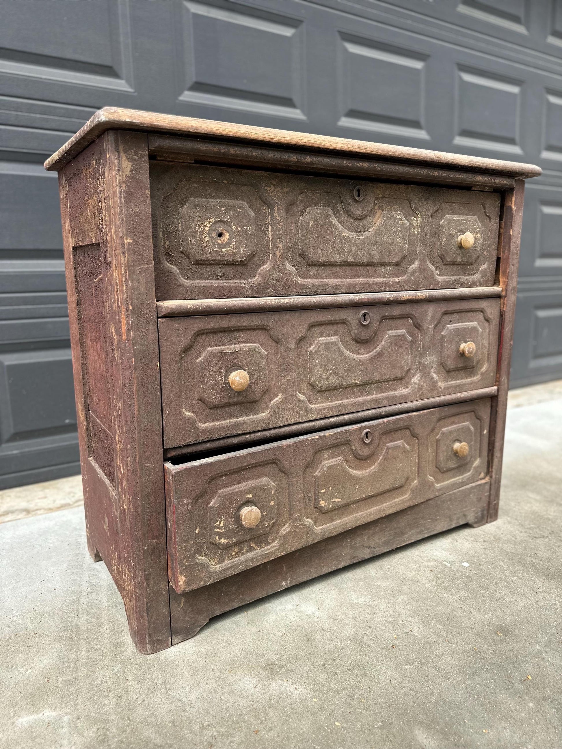 Vintage Late 19th Century Solid Wood Carved Walnut Rustic Storage Dresser on Casters