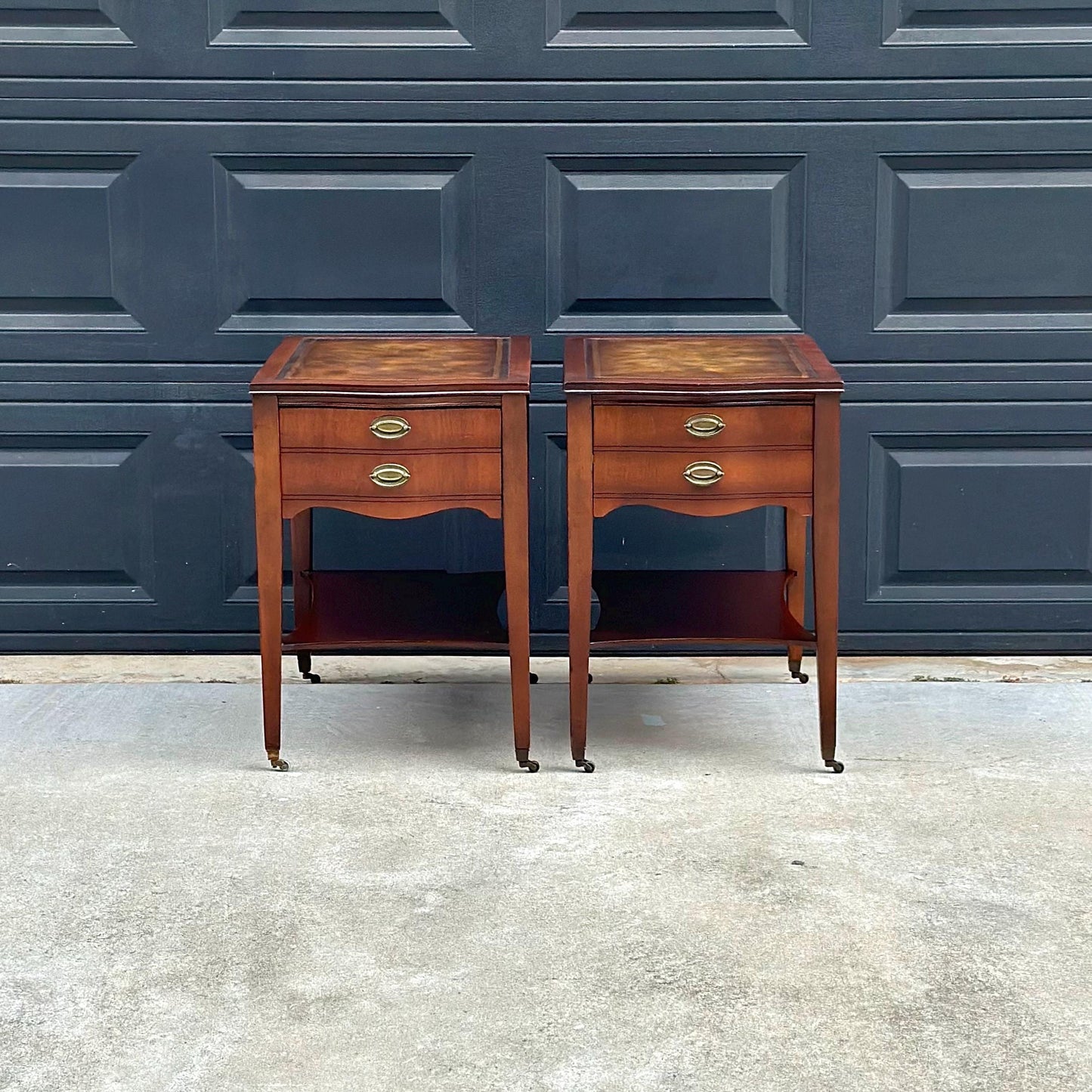 Vintage Mid 1900s Solid Mahogany Wood & Leather Traditional End Tables on Casters 17.75" Wide - a Pair