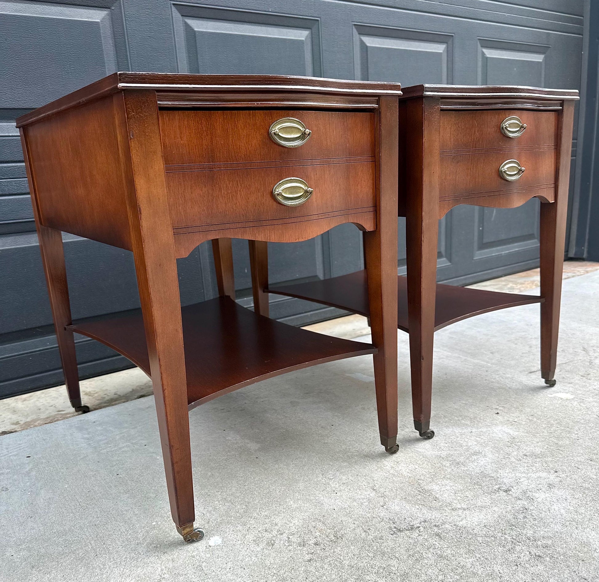 Vintage Mid 1900s Solid Mahogany Wood & Leather Traditional End Tables on Casters 17.75" Wide - a Pair