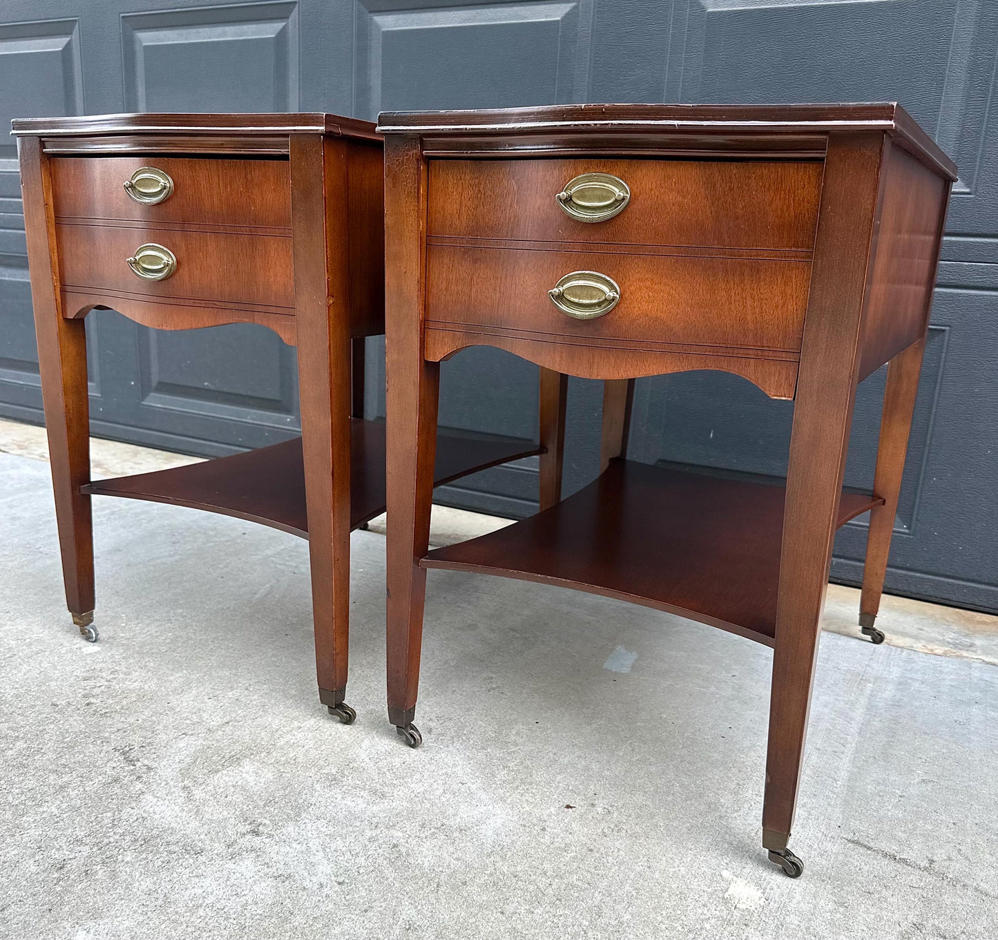 Vintage Mid 1900s Solid Mahogany Wood & Leather Traditional End Tables on Casters 17.75" Wide - a Pair