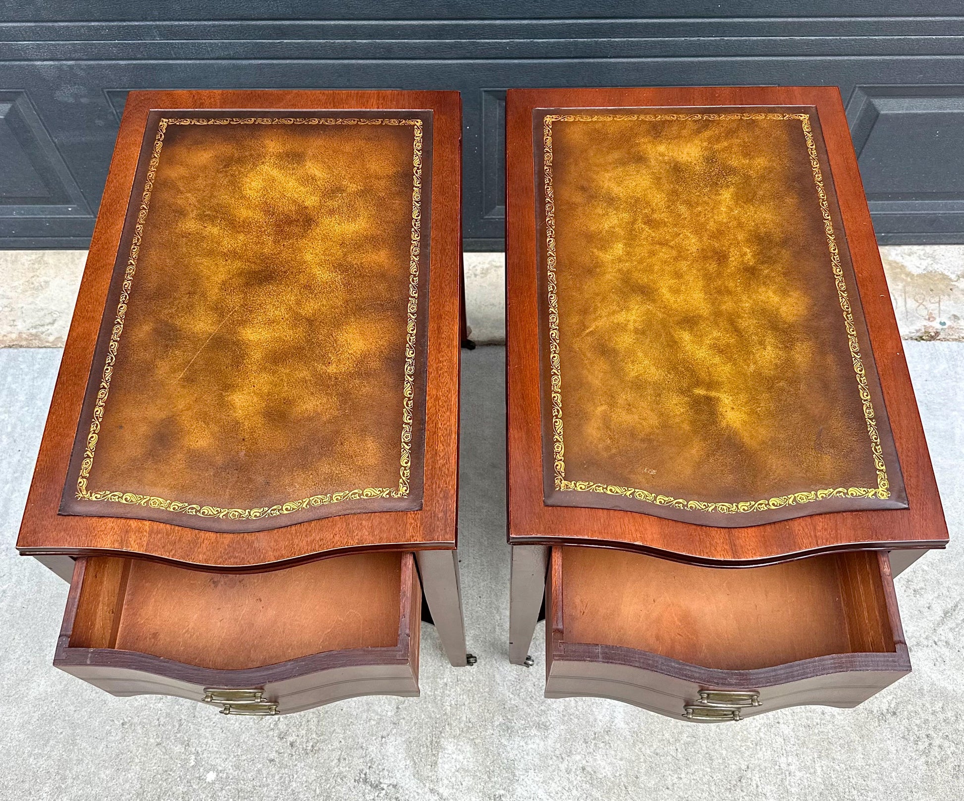 Vintage Mid 1900s Solid Mahogany Wood & Leather Traditional End Tables on Casters 17.75" Wide - a Pair