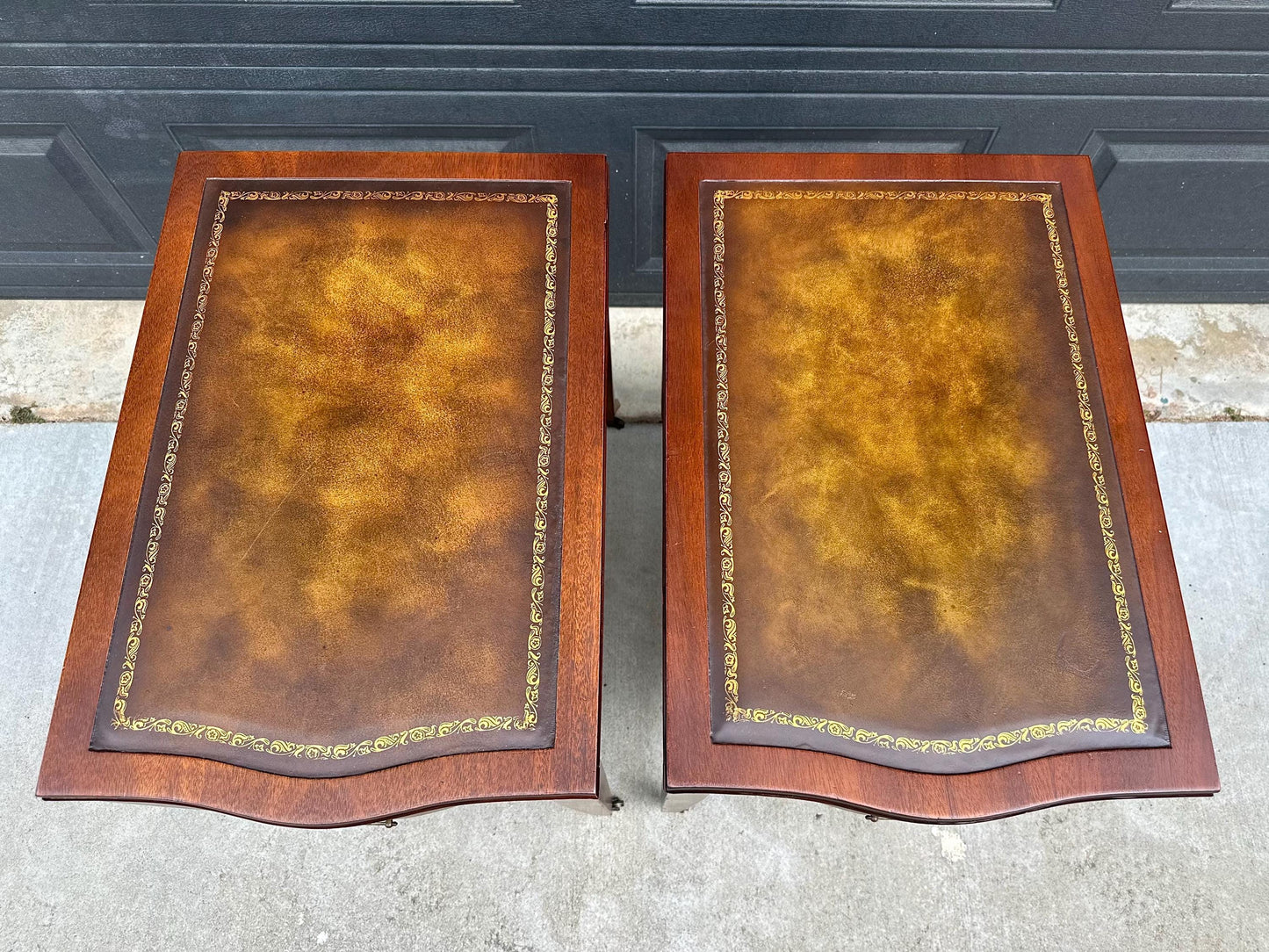 Vintage Mid 1900s Solid Mahogany Wood & Leather Traditional End Tables on Casters 17.75" Wide - a Pair
