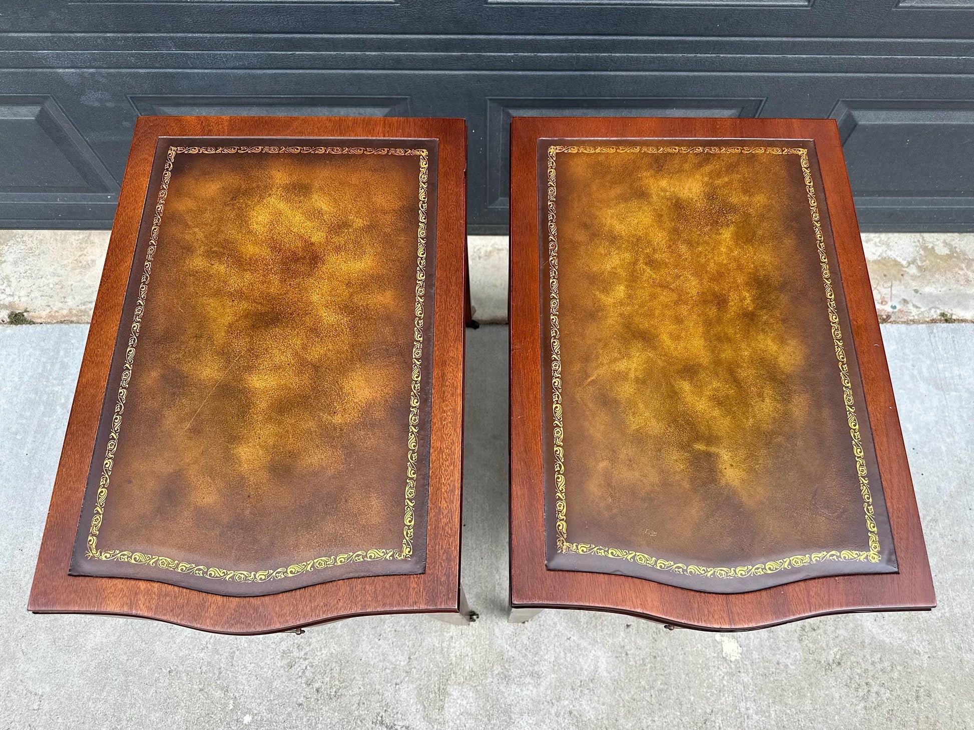 Vintage Mid 1900s Solid Mahogany Wood & Leather Traditional End Tables on Casters 17.75" Wide - a Pair