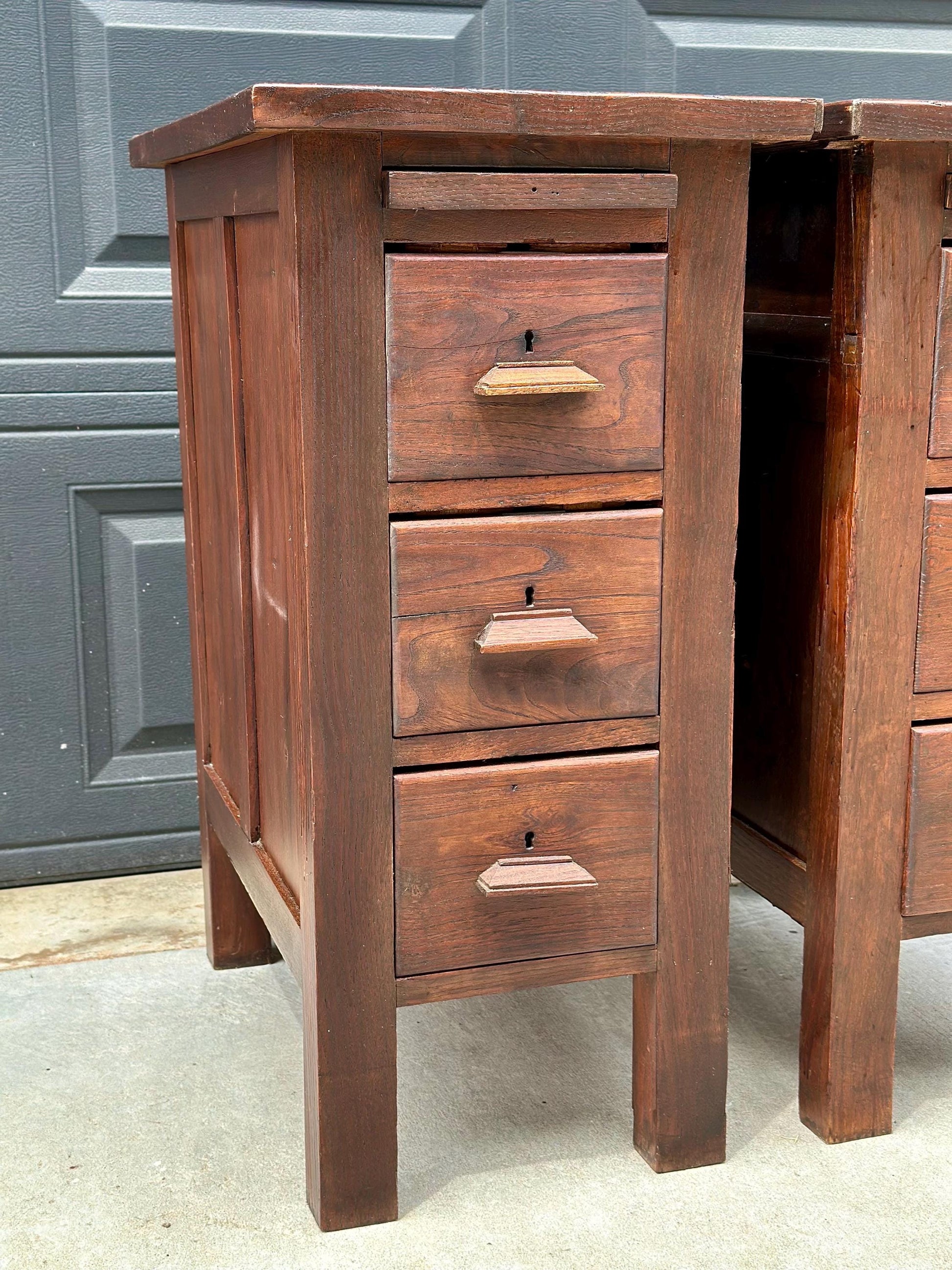 Vintage Early 20th Century Craftsman Walnut Wood Extending Side Tables with Skeleton Key & Drawer Storage - a Pair