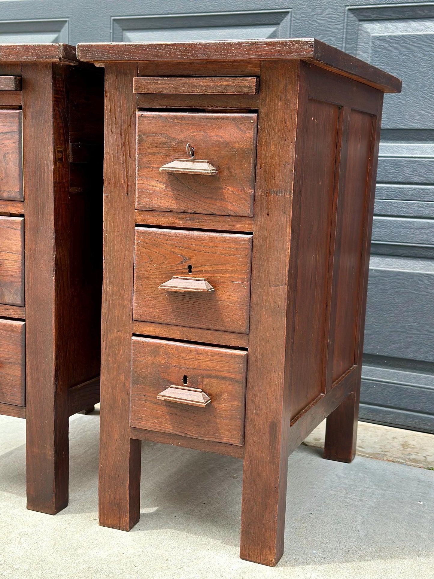 Vintage Early 20th Century Craftsman Walnut Wood Extending Side Tables with Skeleton Key & Drawer Storage - a Pair