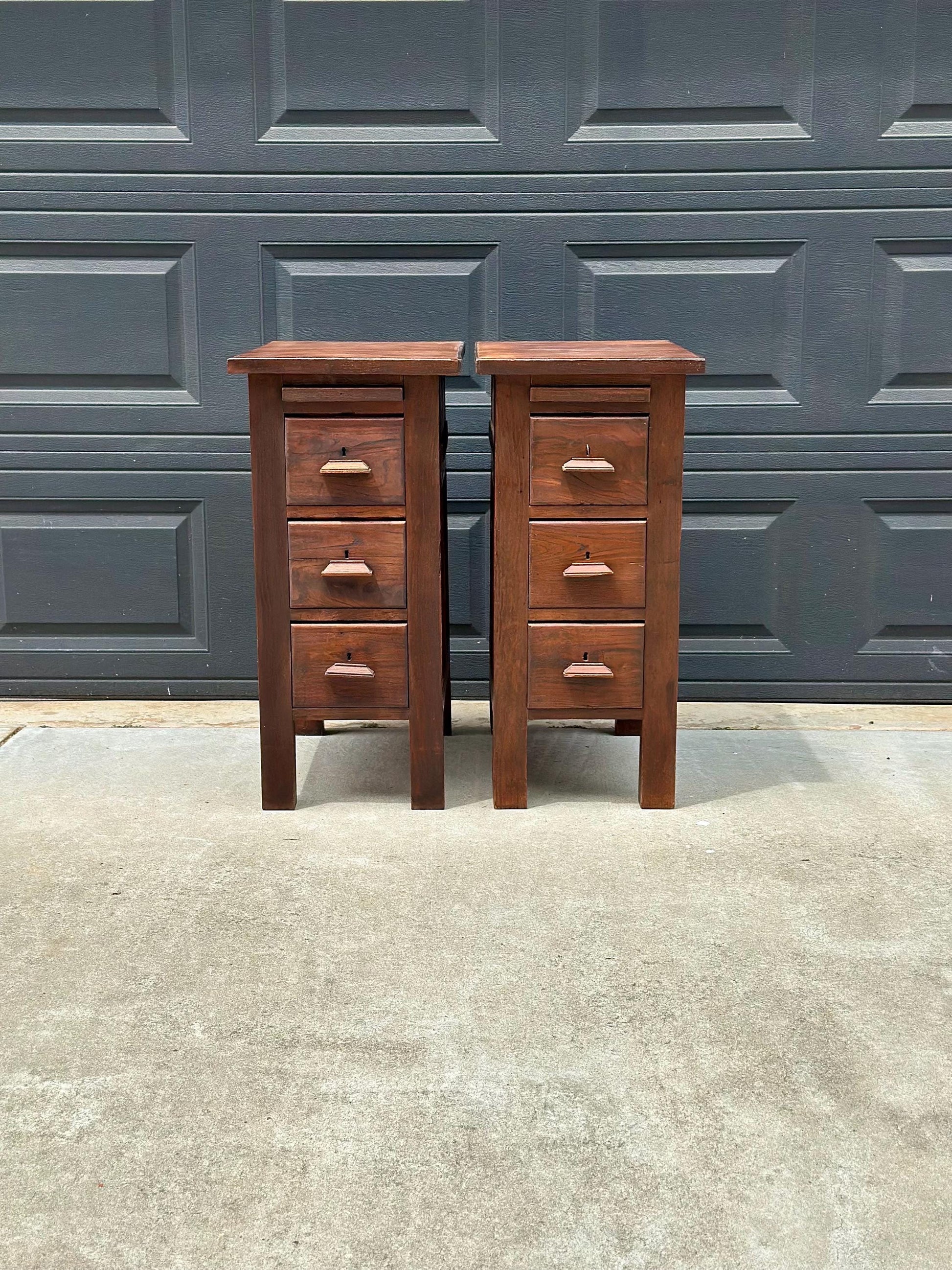 Vintage Early 20th Century Craftsman Walnut Wood Extending Side Tables with Skeleton Key & Drawer Storage - a Pair