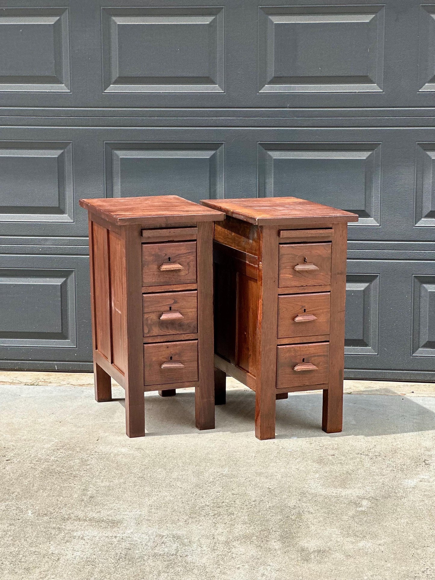 Vintage Early 20th Century Craftsman Walnut Wood Extending Side Tables with Skeleton Key & Drawer Storage - a Pair