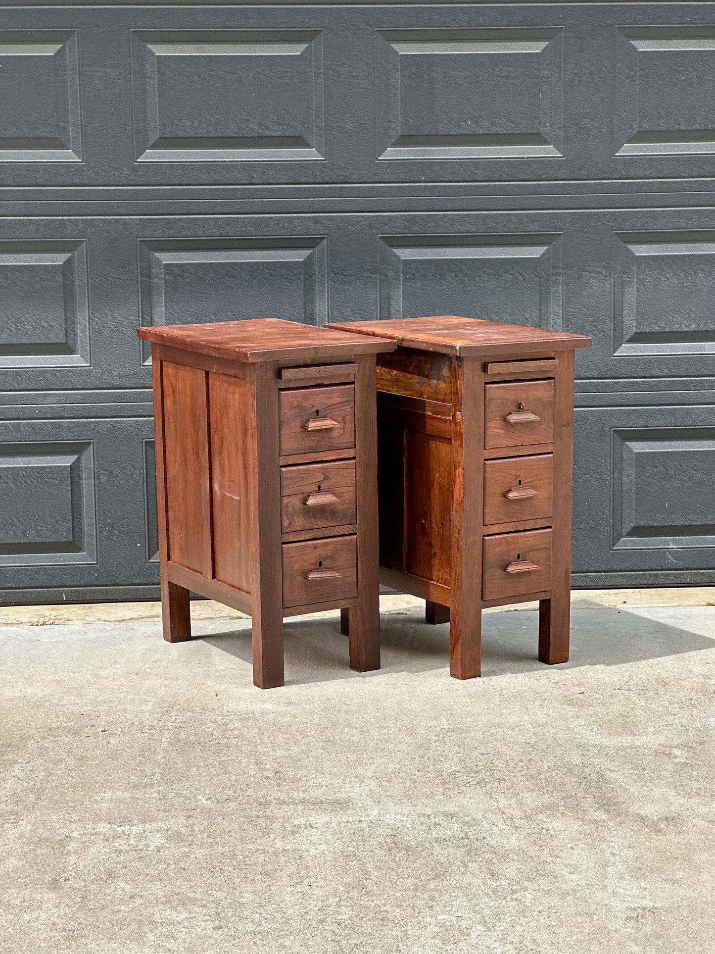 Vintage Early 20th Century Craftsman Walnut Wood Extending Side Tables with Skeleton Key & Drawer Storage - a Pair