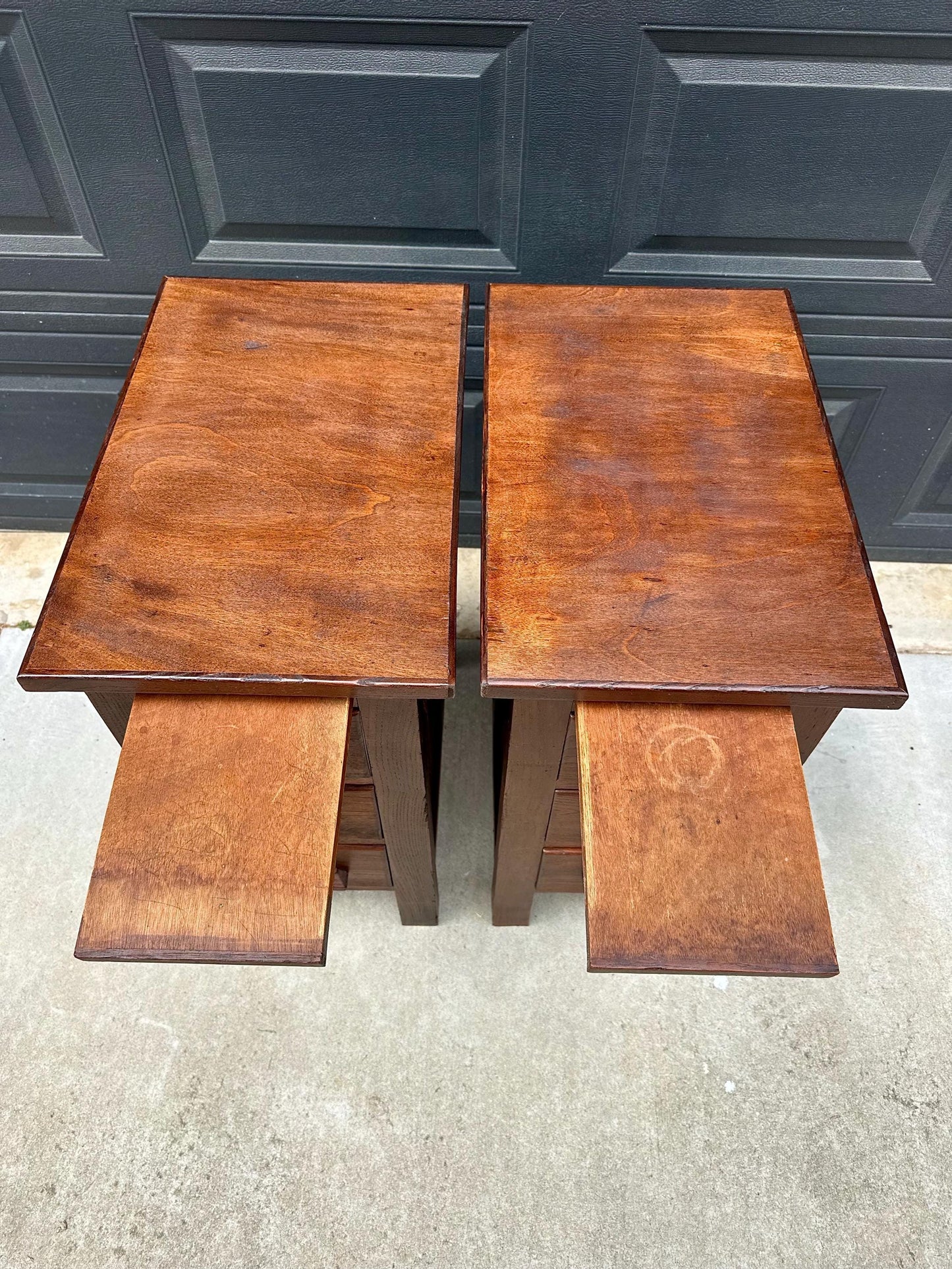 Vintage Early 20th Century Craftsman Walnut Wood Extending Side Tables with Skeleton Key & Drawer Storage - a Pair