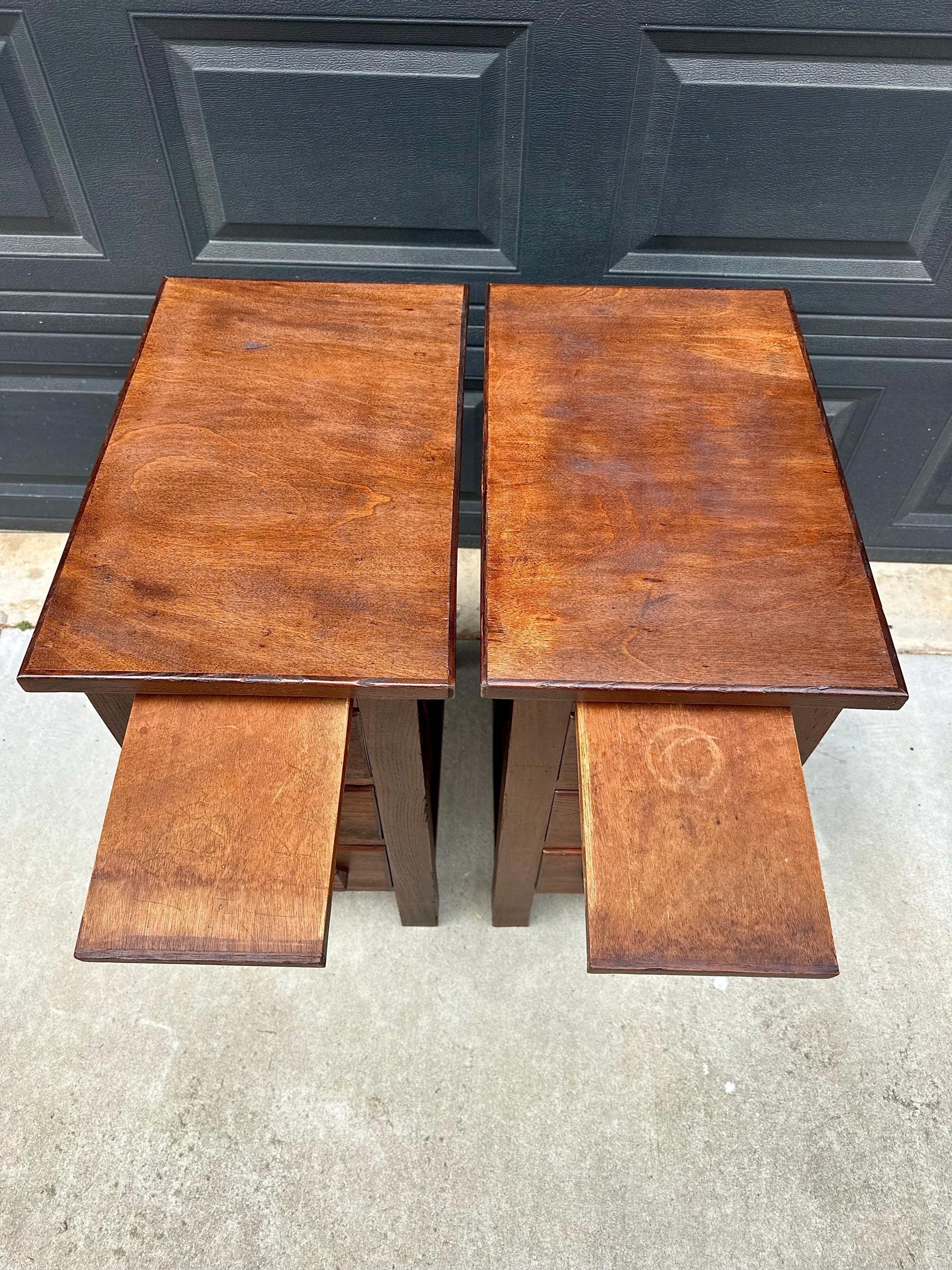 Vintage Early 20th Century Craftsman Walnut Wood Extending Side Tables with Skeleton Key & Drawer Storage - a Pair