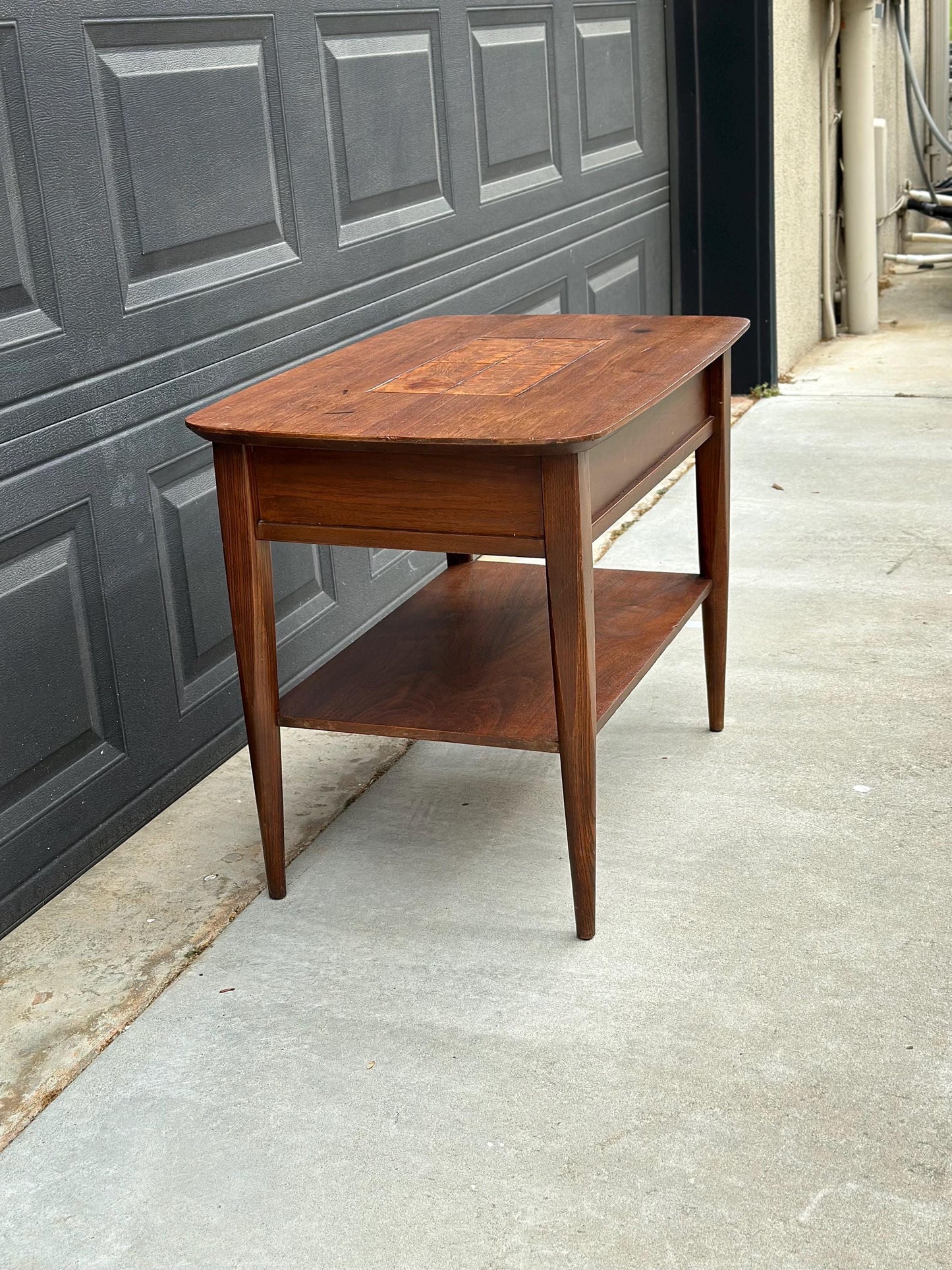 Vintage Mid Century Modern Walnut Side Table Burl Inlay Top – End Table with Shelf Storage