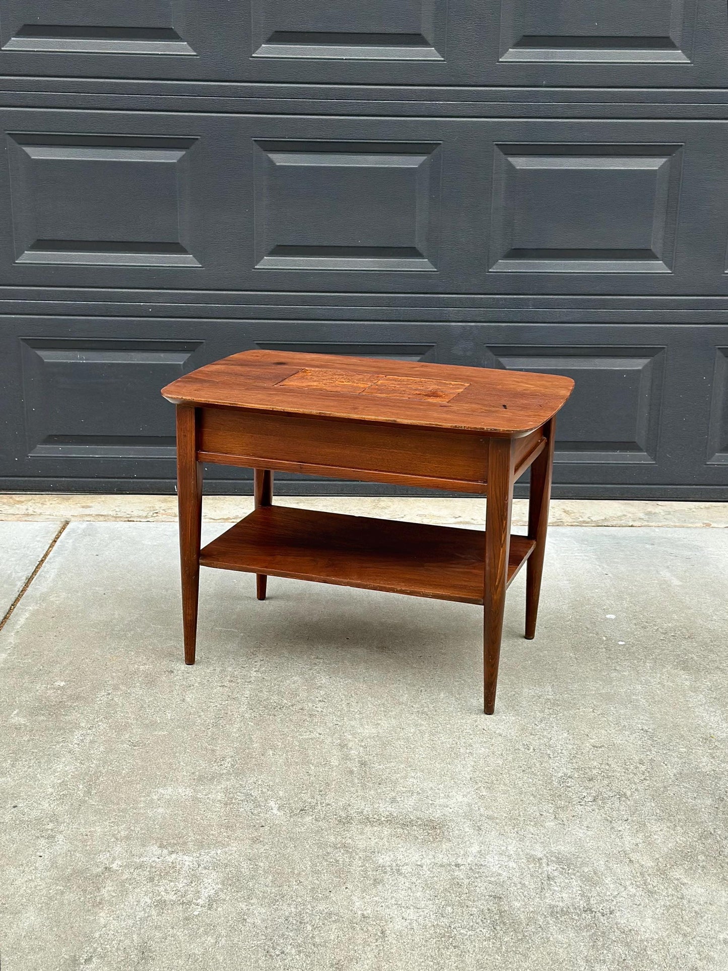 Vintage Mid Century Modern Walnut Side Table Burl Inlay Top – End Table with Shelf Storage