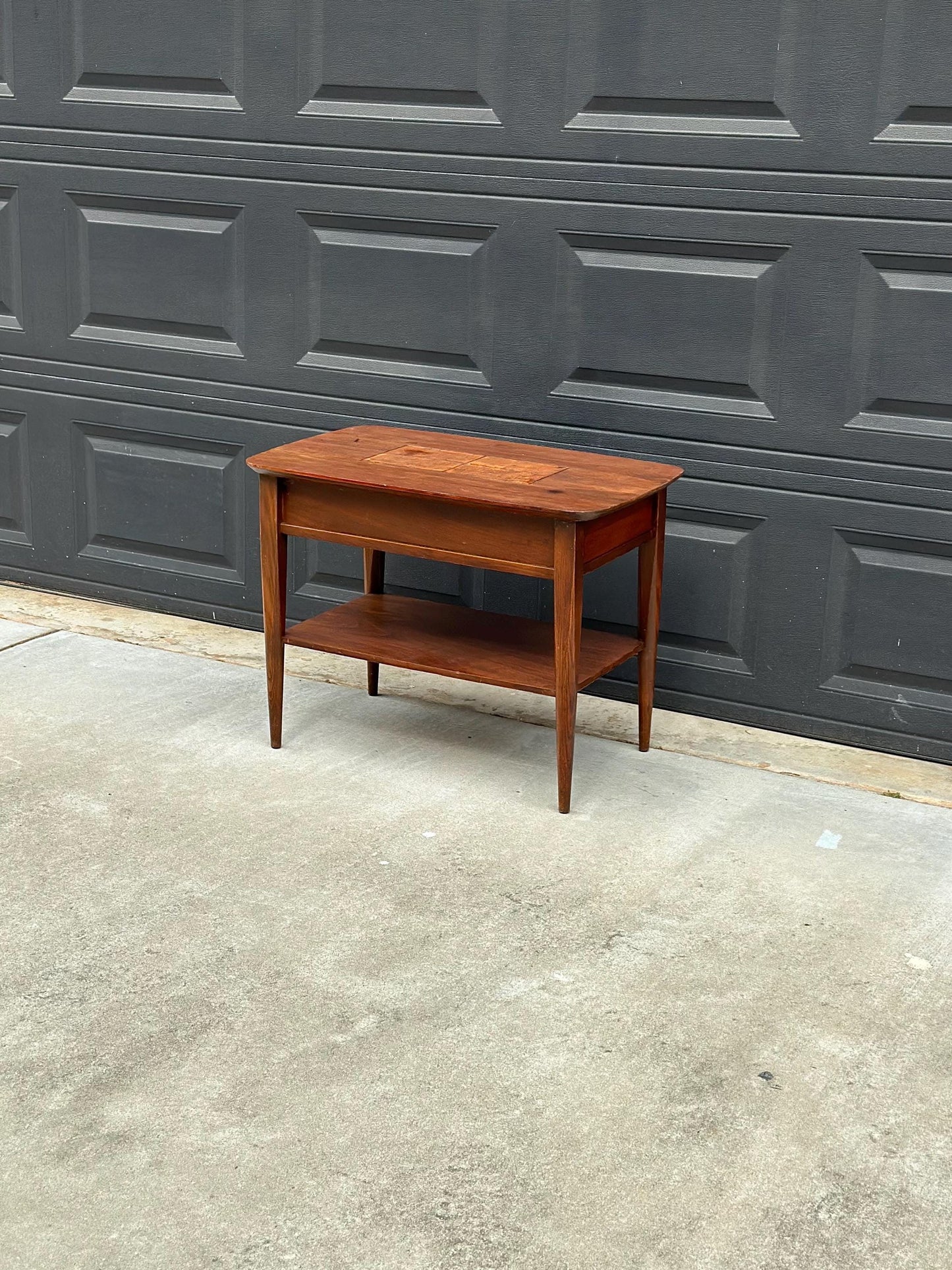 Vintage Mid Century Modern Walnut Side Table Burl Inlay Top – End Table with Shelf Storage