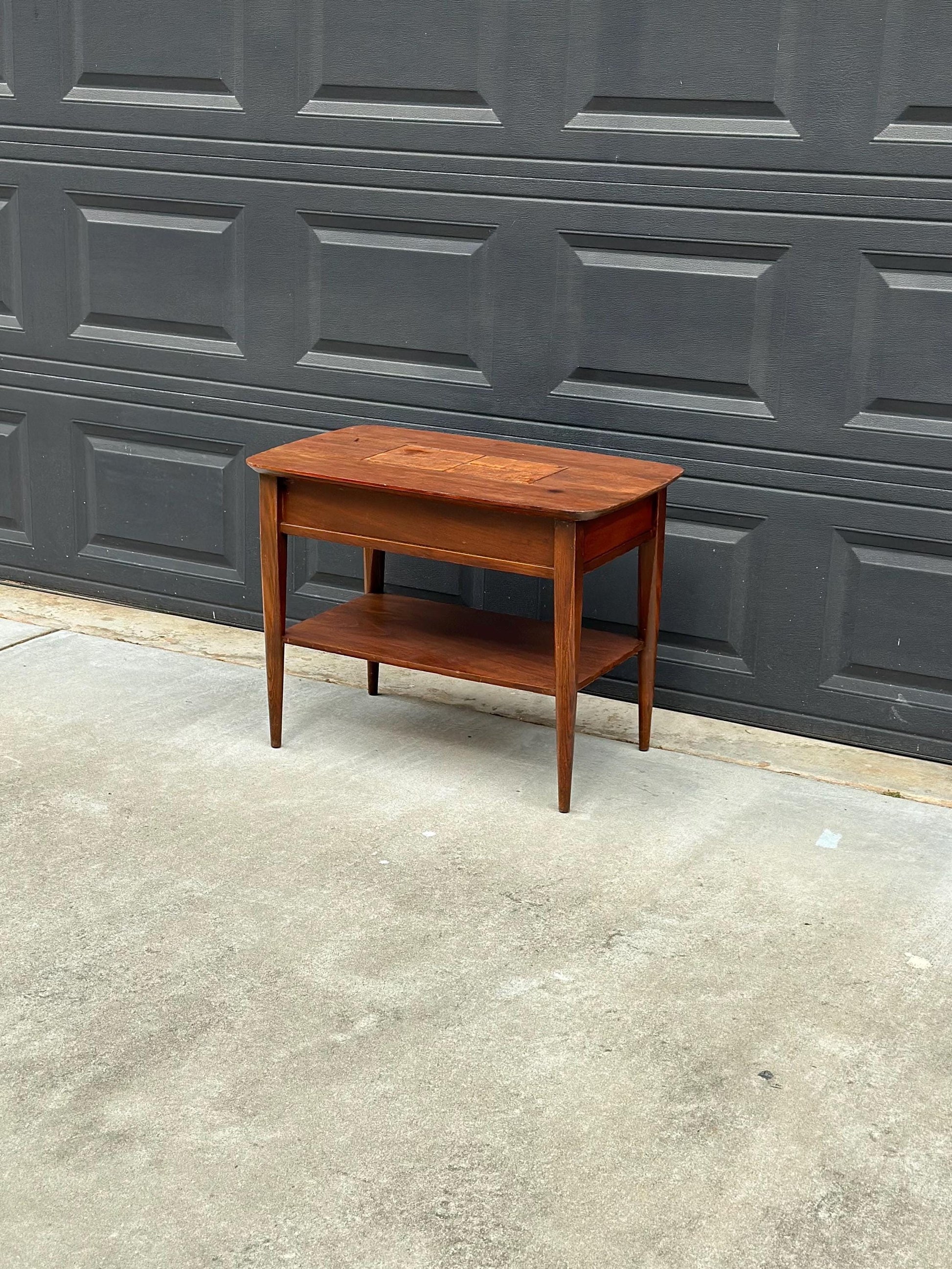 Vintage Mid Century Modern Walnut Side Table Burl Inlay Top – End Table with Shelf Storage