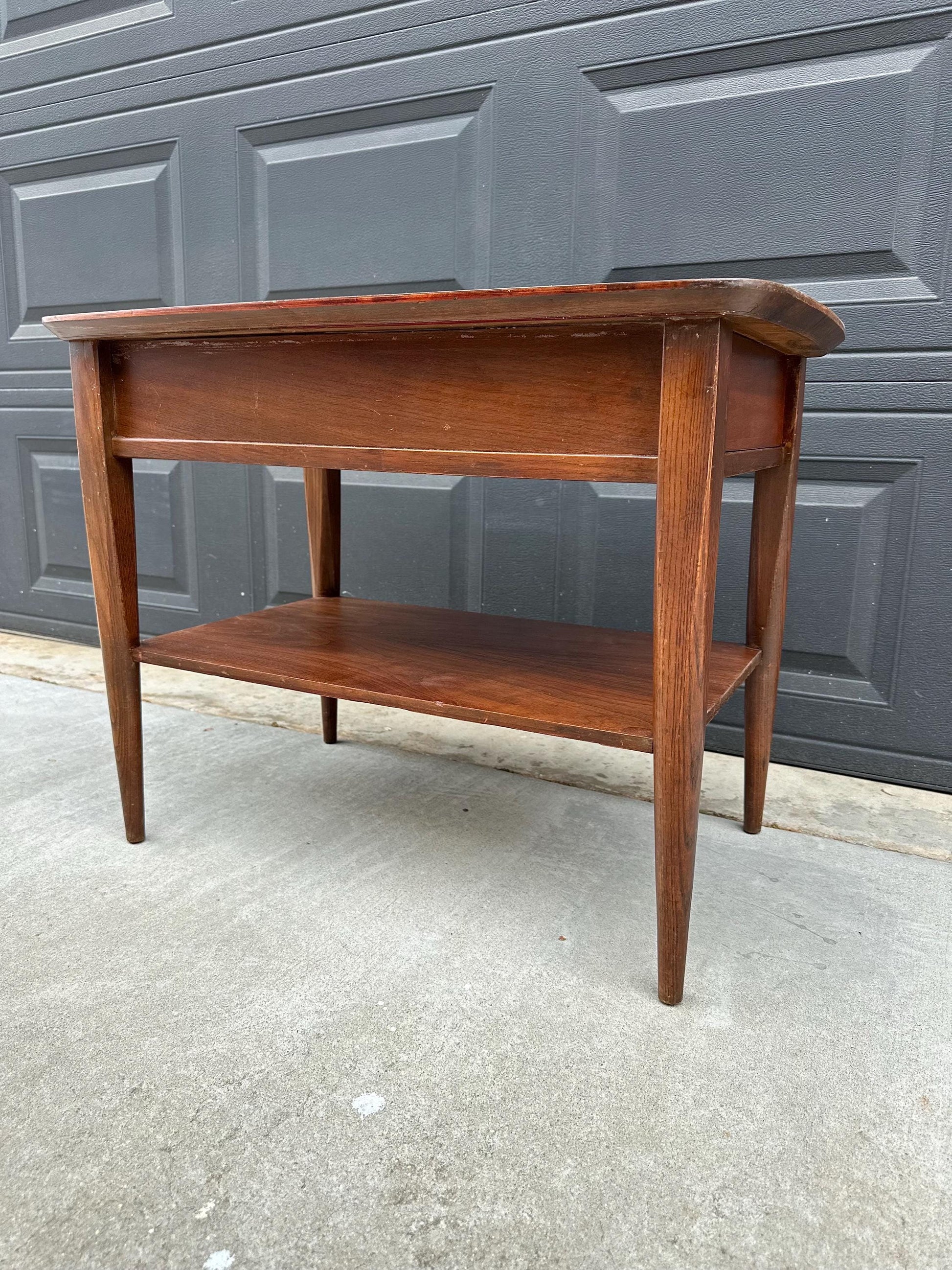 Vintage Mid Century Modern Walnut Side Table Burl Inlay Top – End Table with Shelf Storage