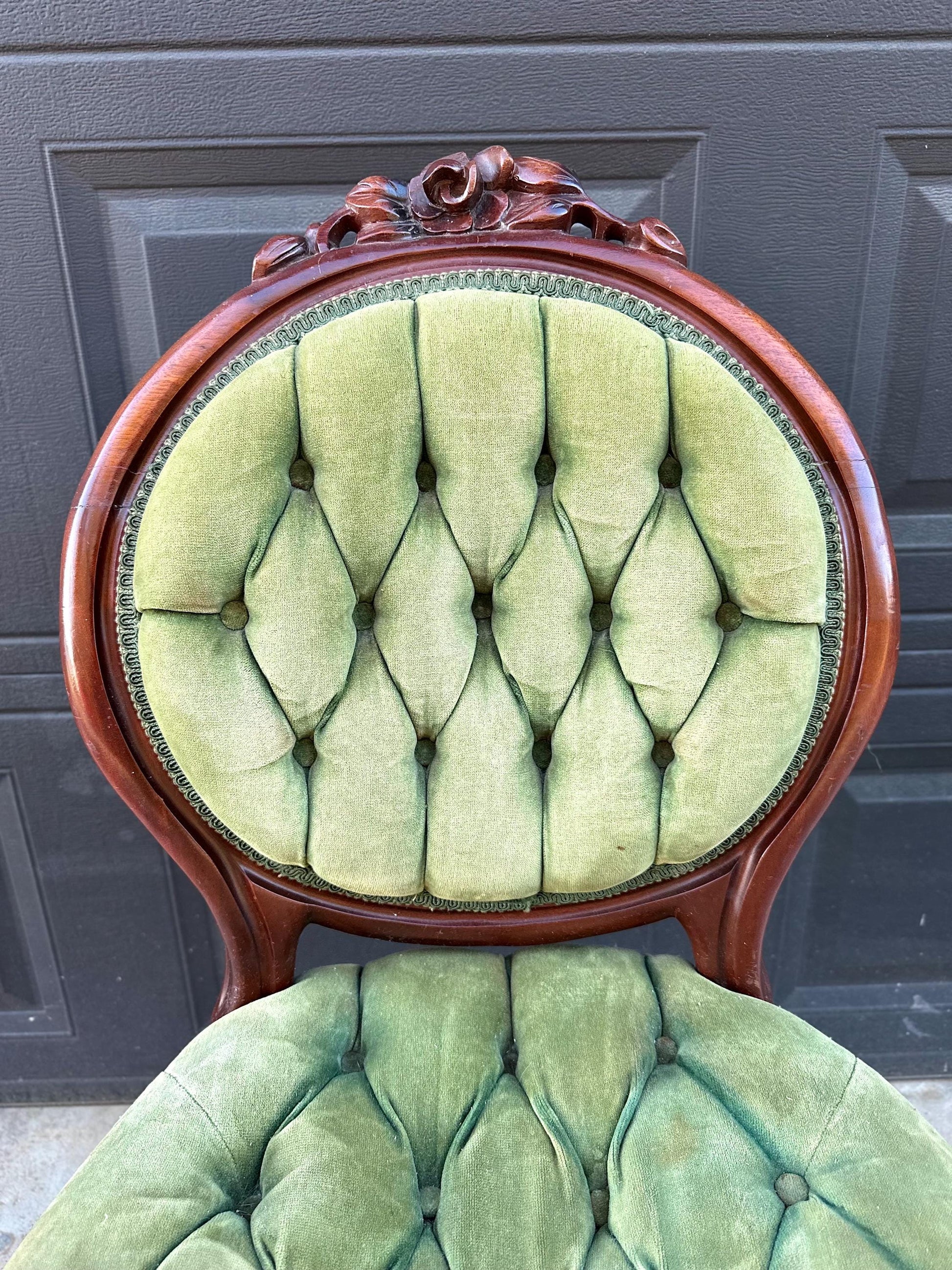Vintage Early 20th Century Mahogany Wood & Upholstered Green Accent Chair