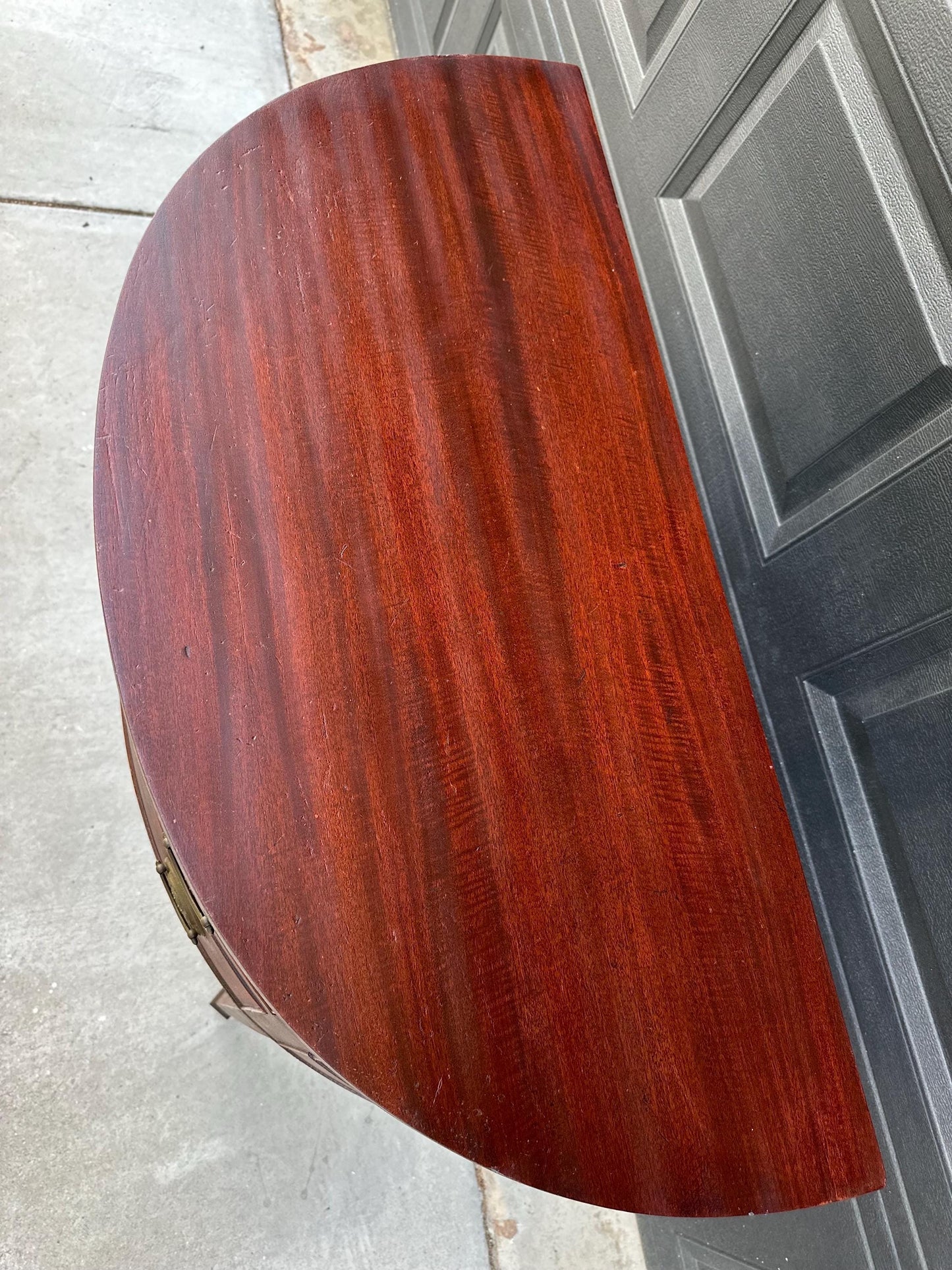 Vintage Early 20th Century Crotch Mahogany Half Round Two Drawer Sheraton Entry Hall Table