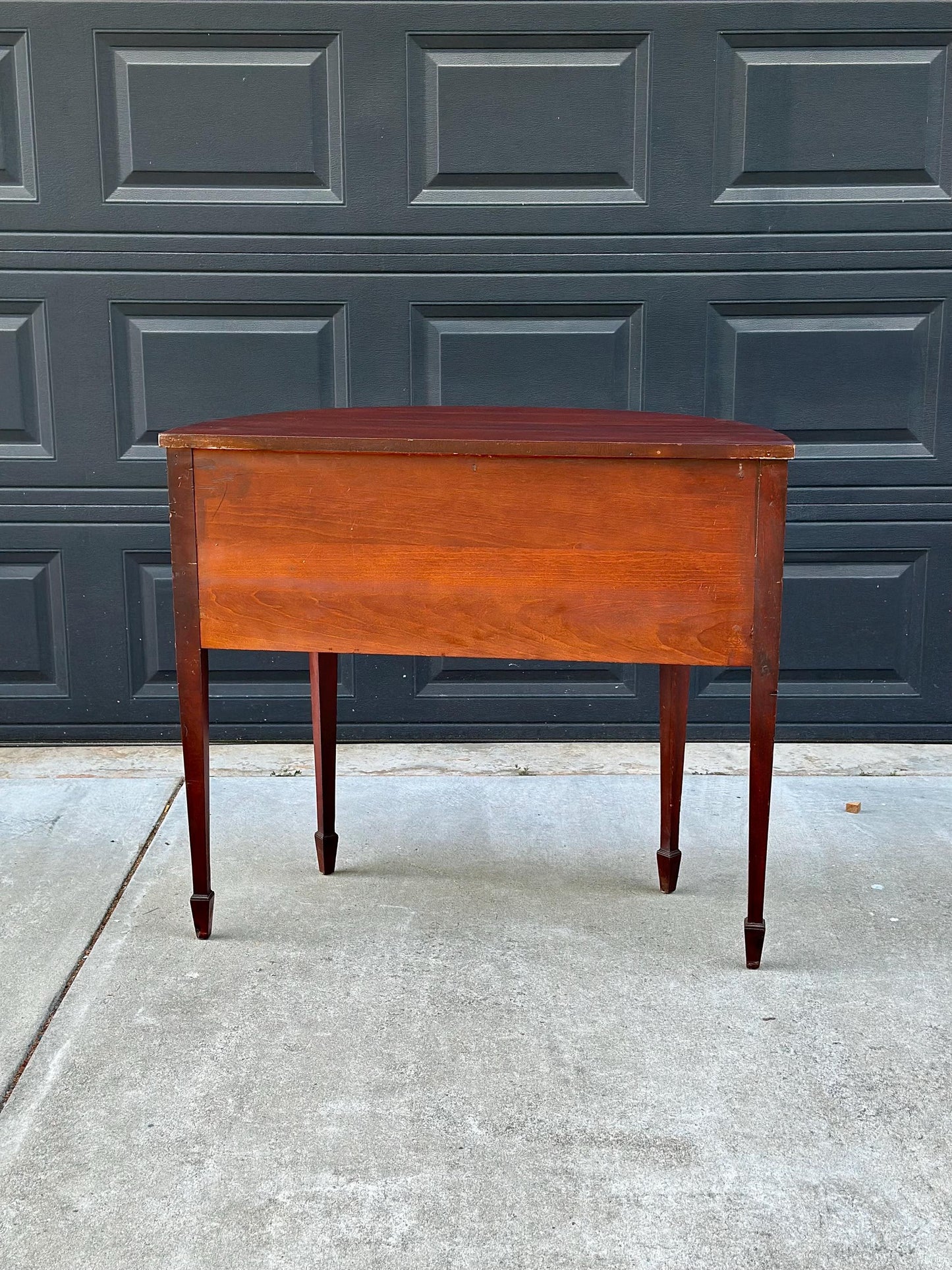 Vintage Early 20th Century Crotch Mahogany Half Round Two Drawer Sheraton Entry Hall Table