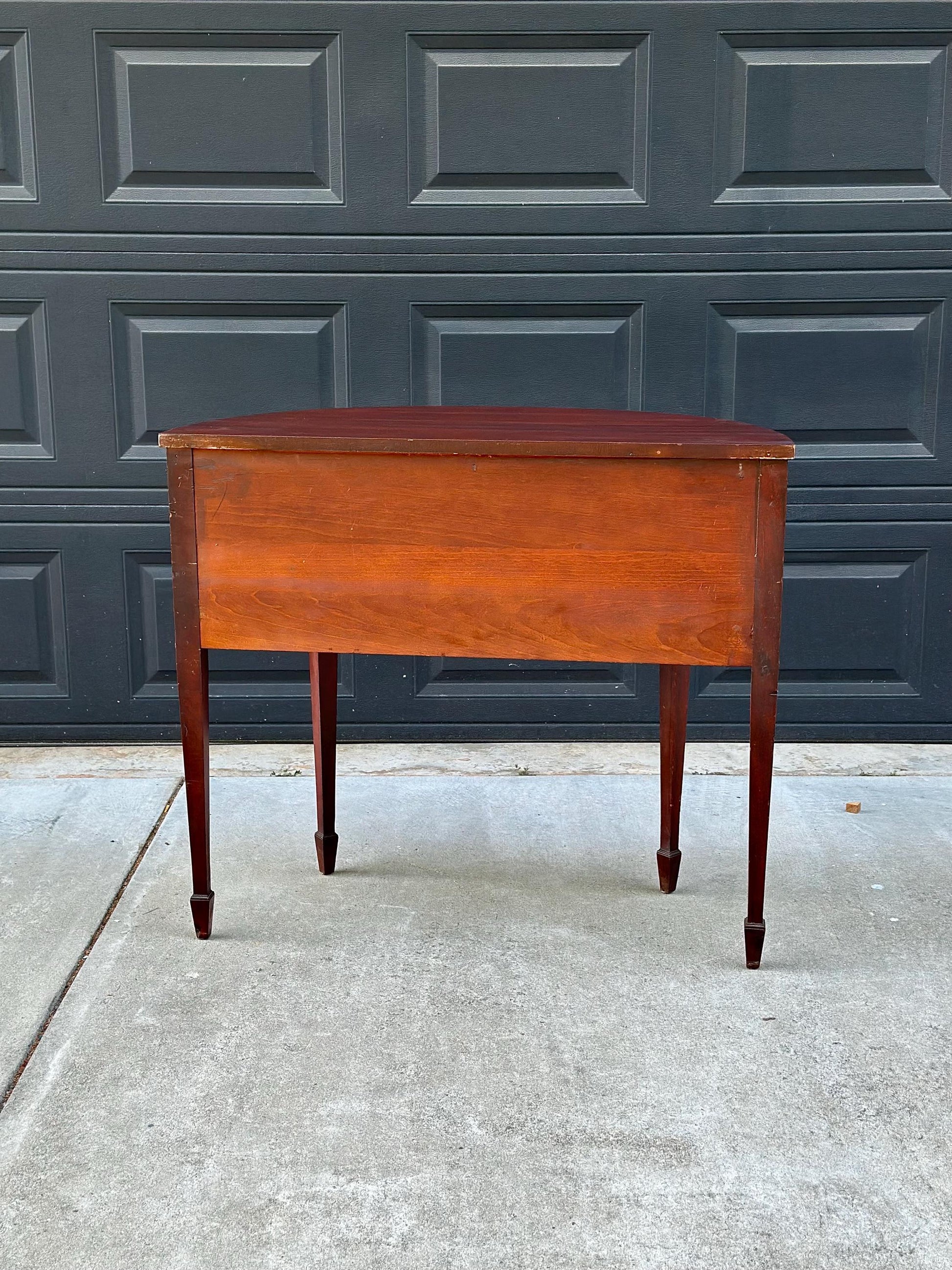 Vintage Early 20th Century Crotch Mahogany Half Round Two Drawer Sheraton Entry Hall Table