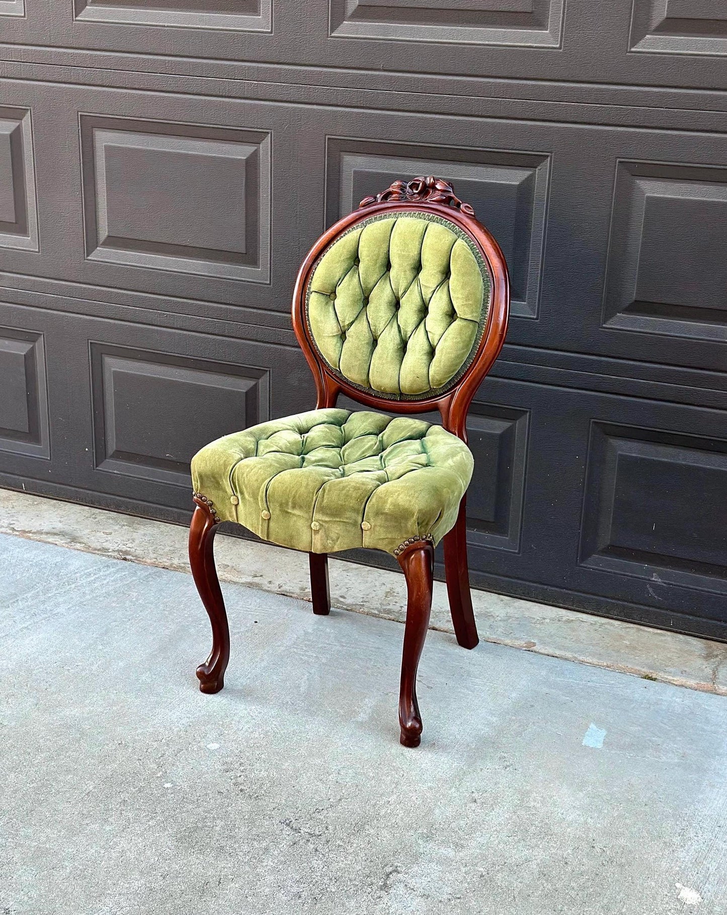 Vintage Early 20th Century Mahogany Wood & Upholstered Green Accent Chair