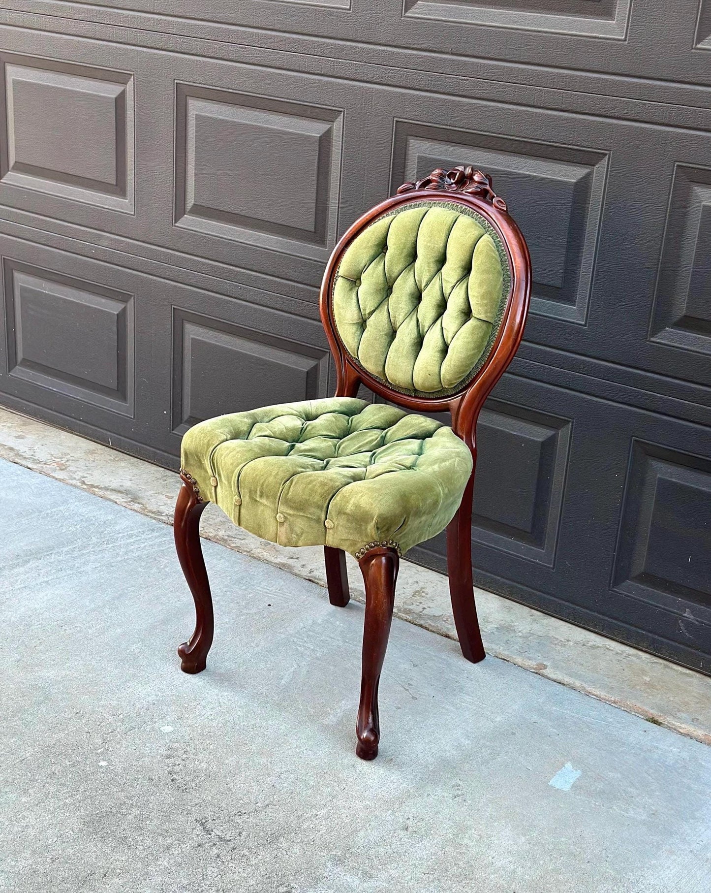 Vintage Early 20th Century Mahogany Wood & Upholstered Green Accent Chair
