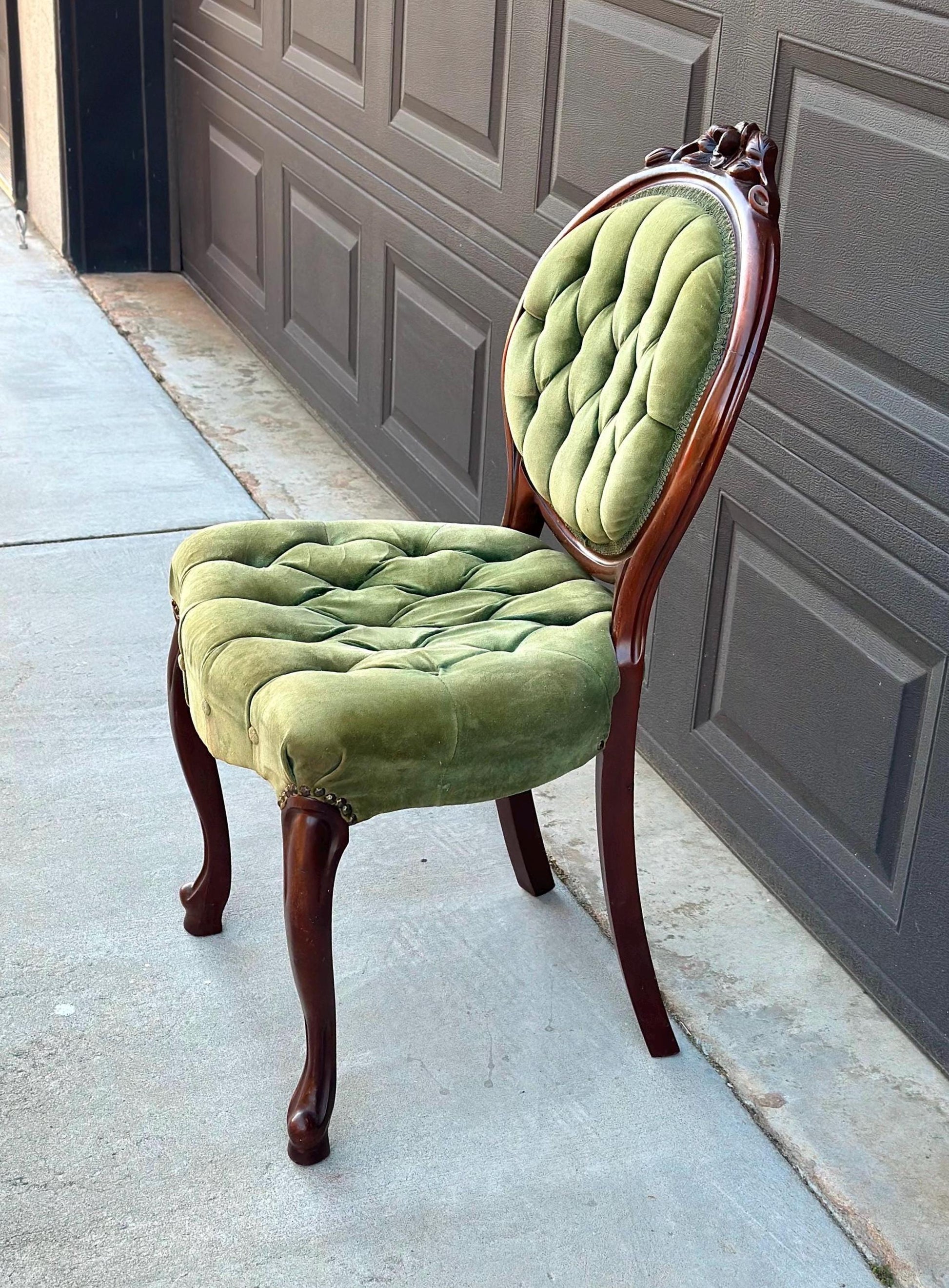 Vintage Early 20th Century Mahogany Wood & Upholstered Green Accent Chair