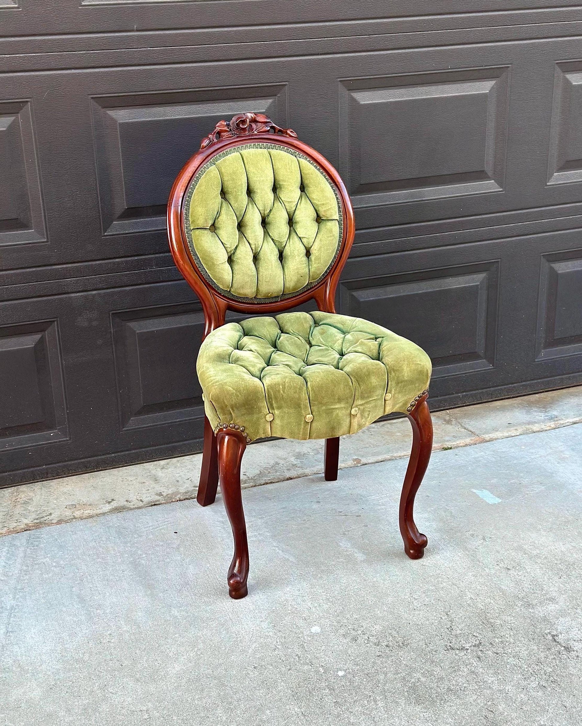 Vintage Early 20th Century Mahogany Wood & Upholstered Green Accent Chair