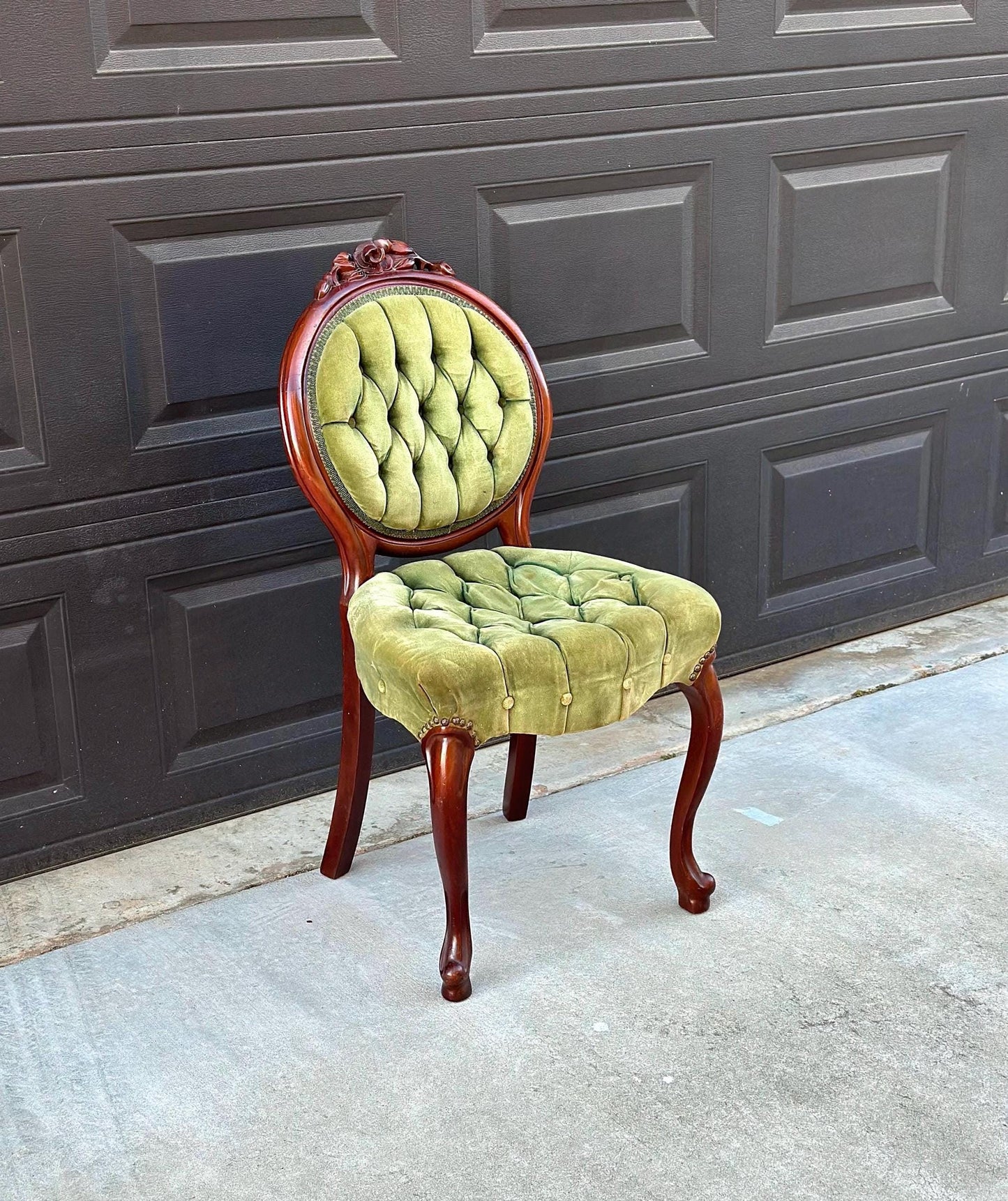 Vintage Early 20th Century Mahogany Wood & Upholstered Green Accent Chair