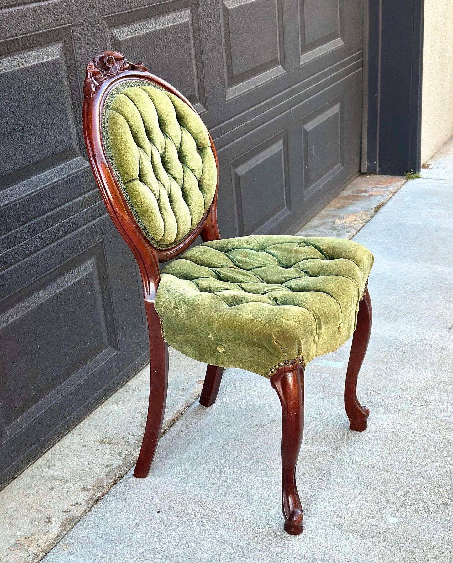 Vintage Early 20th Century Mahogany Wood & Upholstered Green Accent Chair