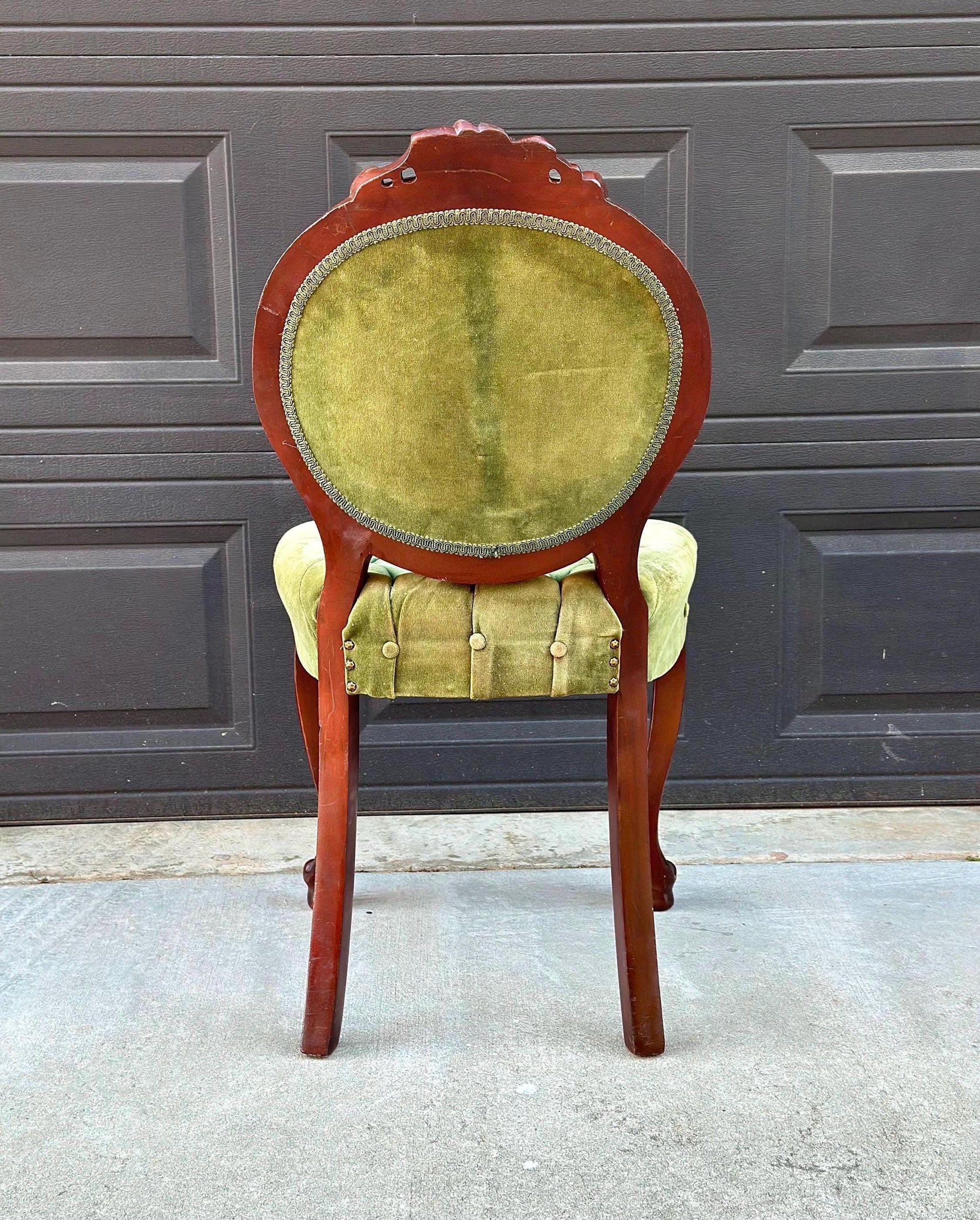 Vintage Early 20th Century Mahogany Wood & Upholstered Green Accent Chair