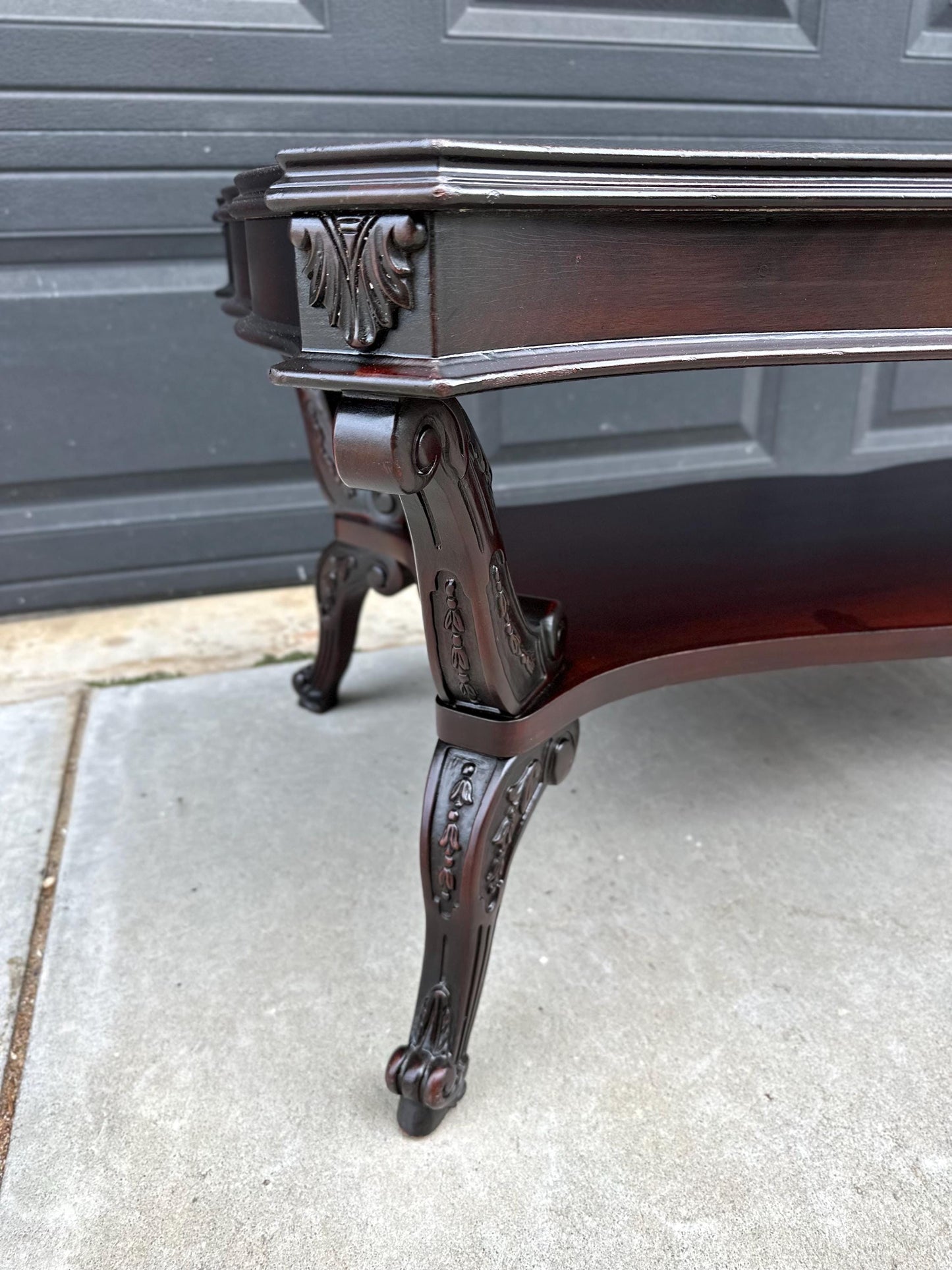 Vintage Early 20th C Carved Mahogany & Inset Leather Open Shelf Solid Wood Coffee Table