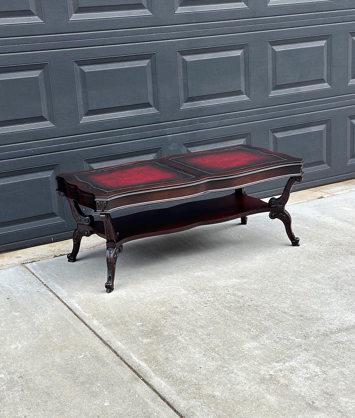 Vintage Early 20th C Carved Mahogany & Inset Leather Open Shelf Solid Wood Coffee Table