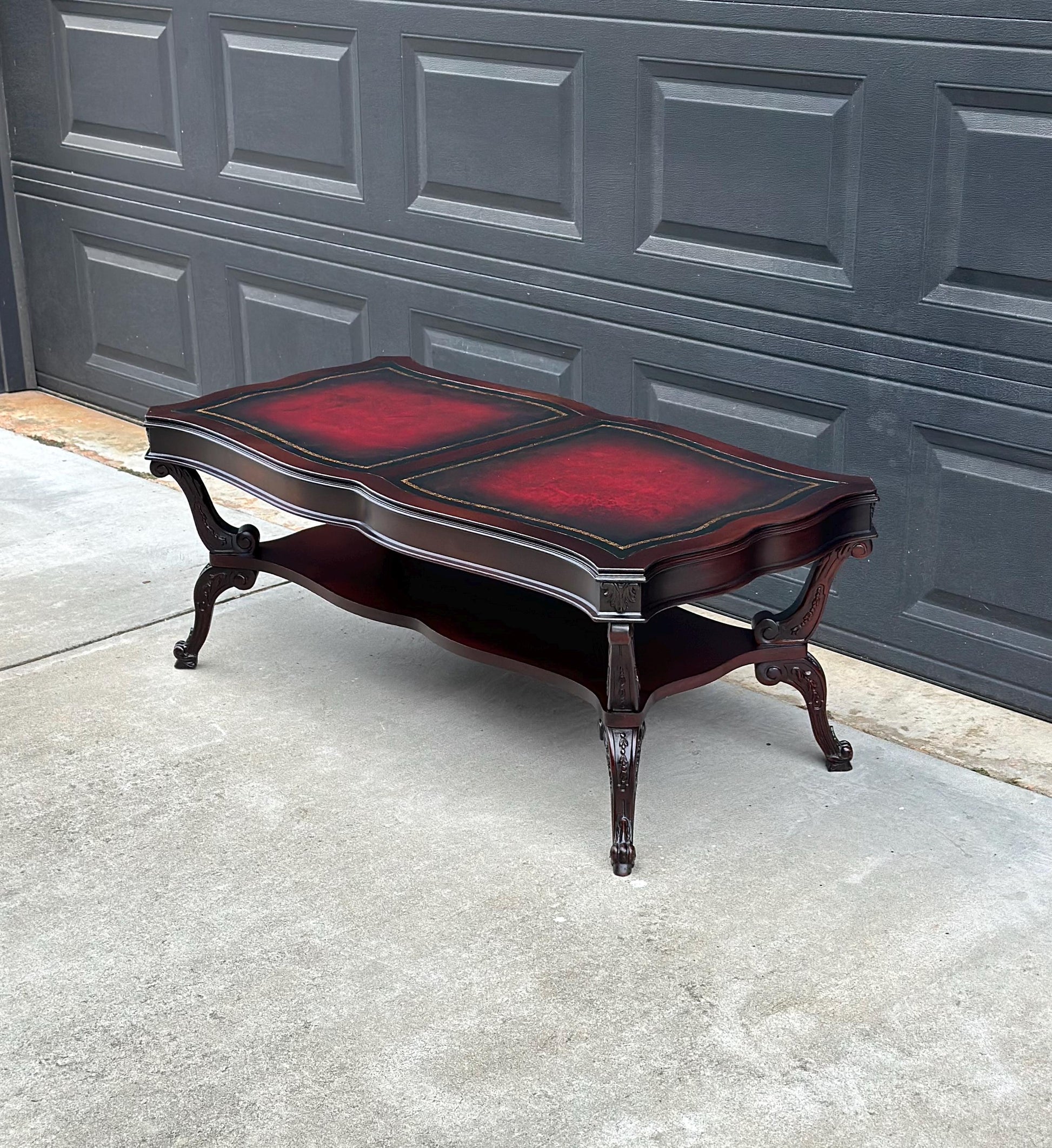 Vintage Early 20th C Carved Mahogany & Inset Leather Open Shelf Solid Wood Coffee Table