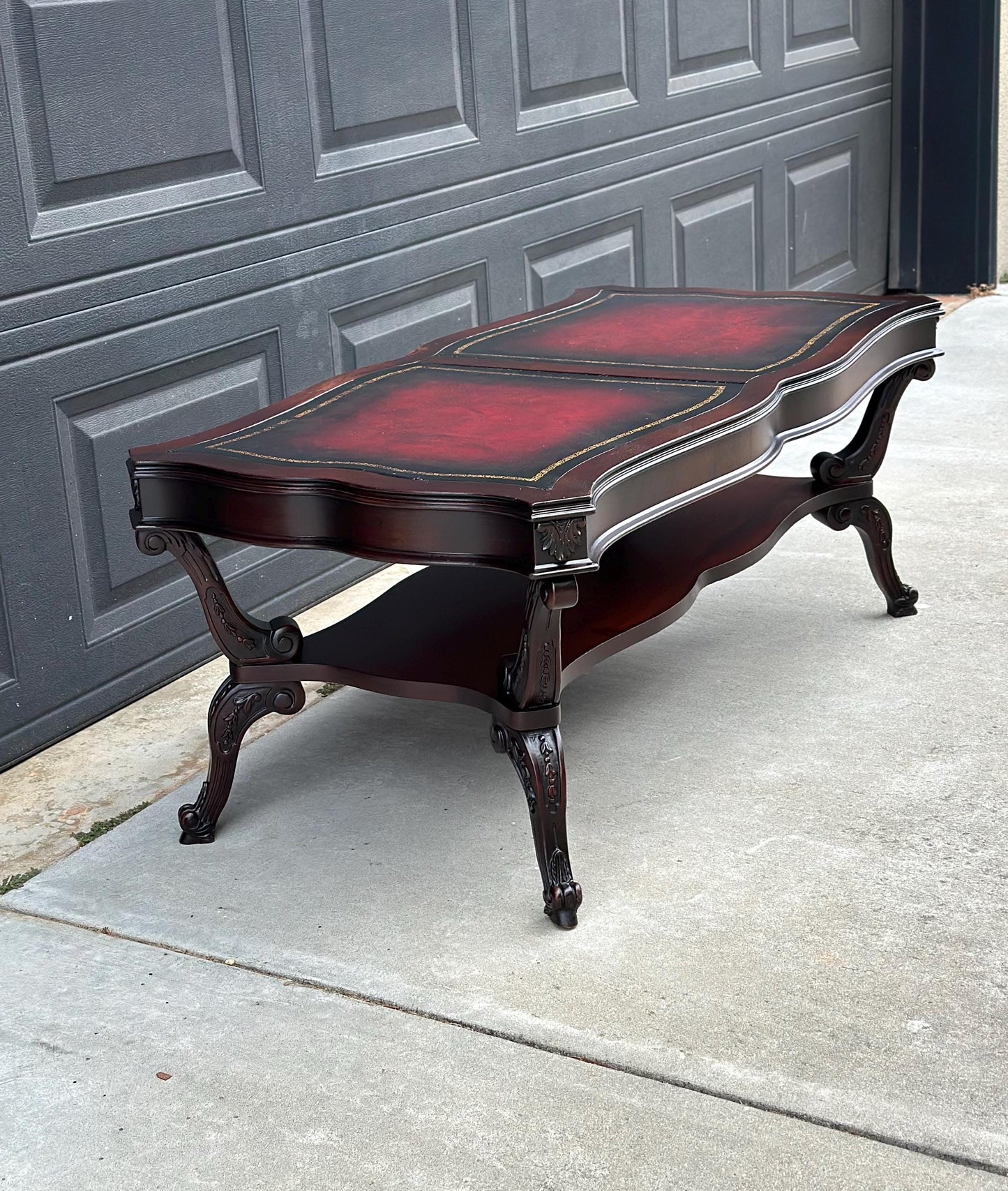 Vintage Early 20th C Carved Mahogany & Inset Leather Open Shelf Solid Wood Coffee Table